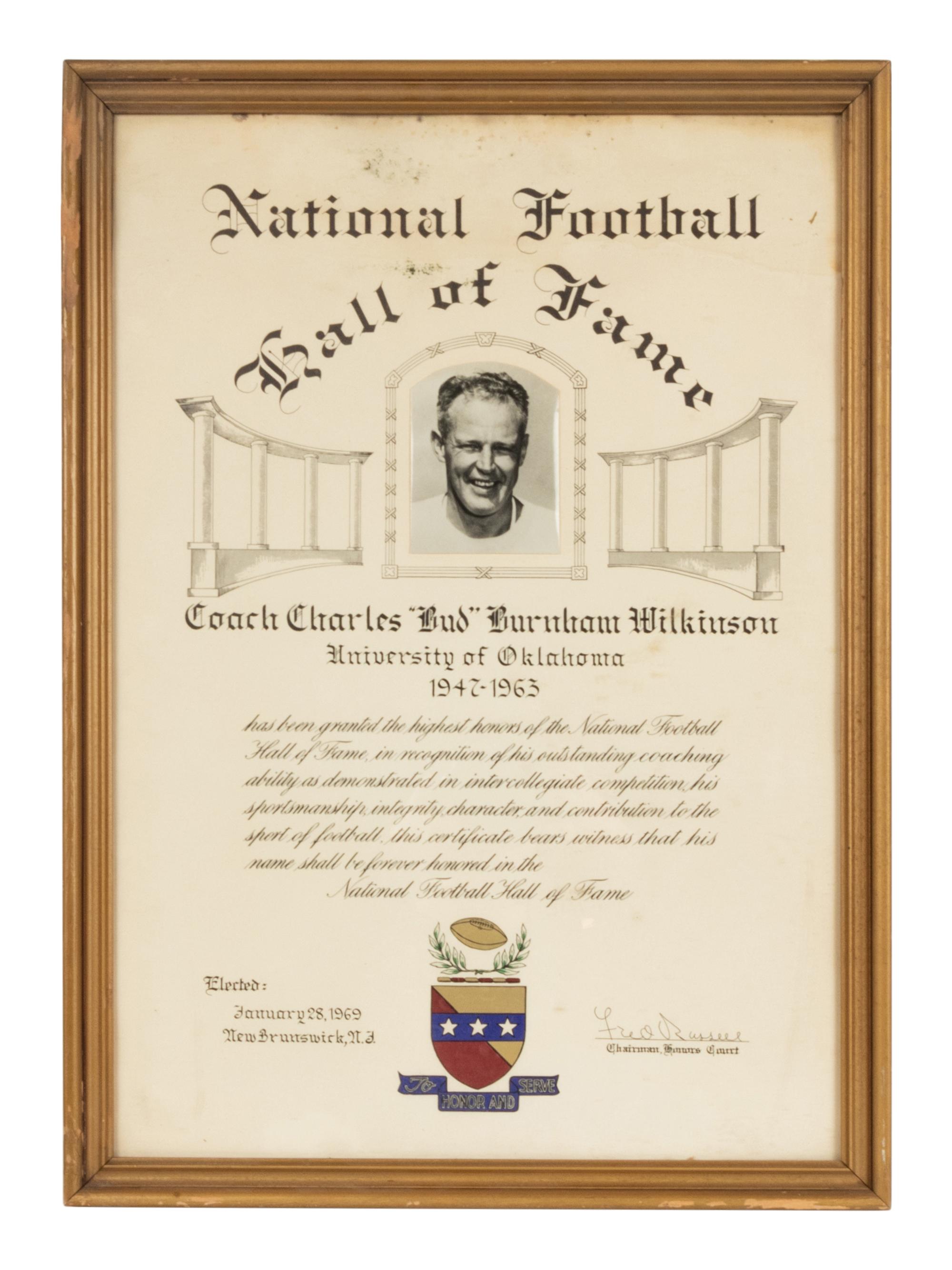 A Historically Significant 1969 College Football Hall of Fame Award Presented to Oklahoma Coach Bud Wilkinson