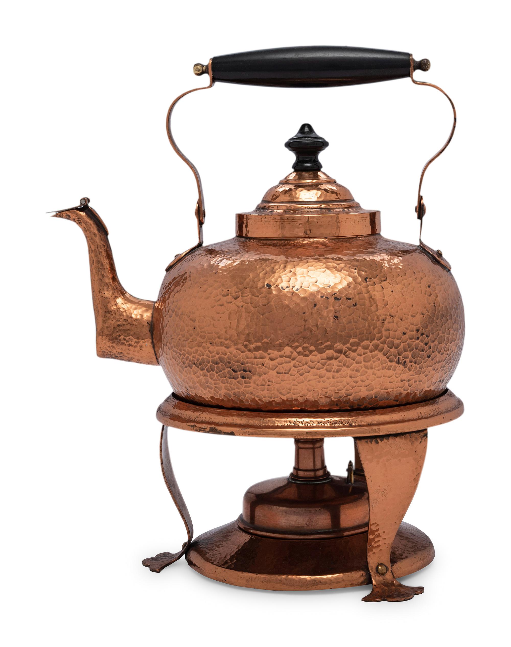 An American Hammered Copper Kettle on Stand
