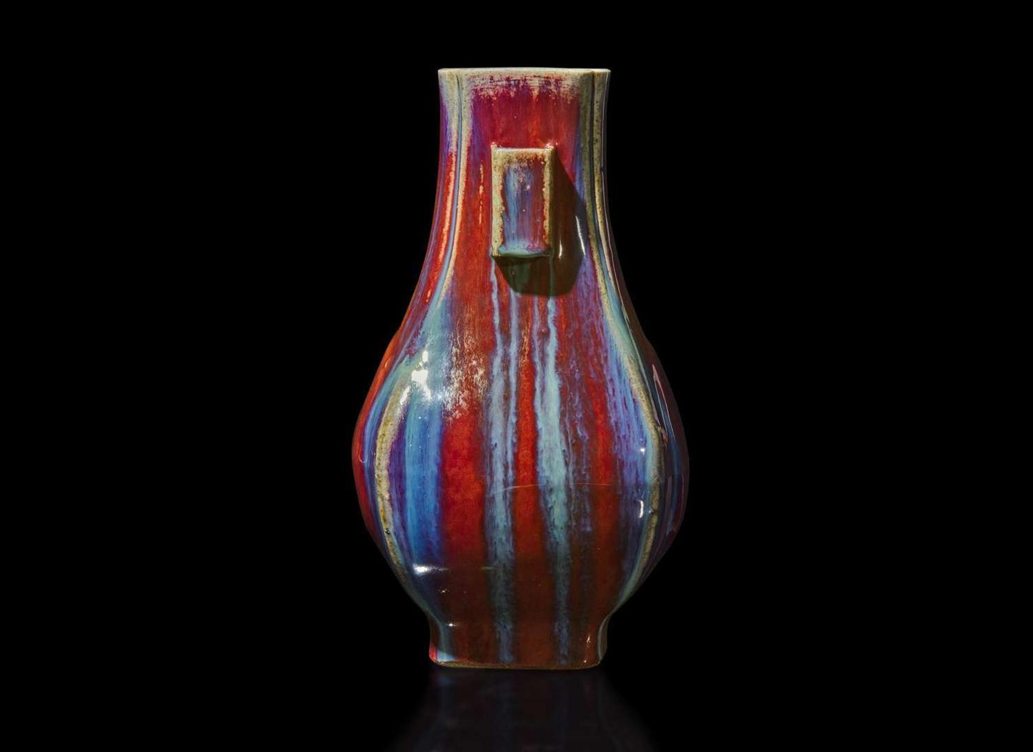 A Chinese flambe-glazed vase, Fanghu, Qianlong six-character incised seal mark 窯變釉方壺 乾隆六字款