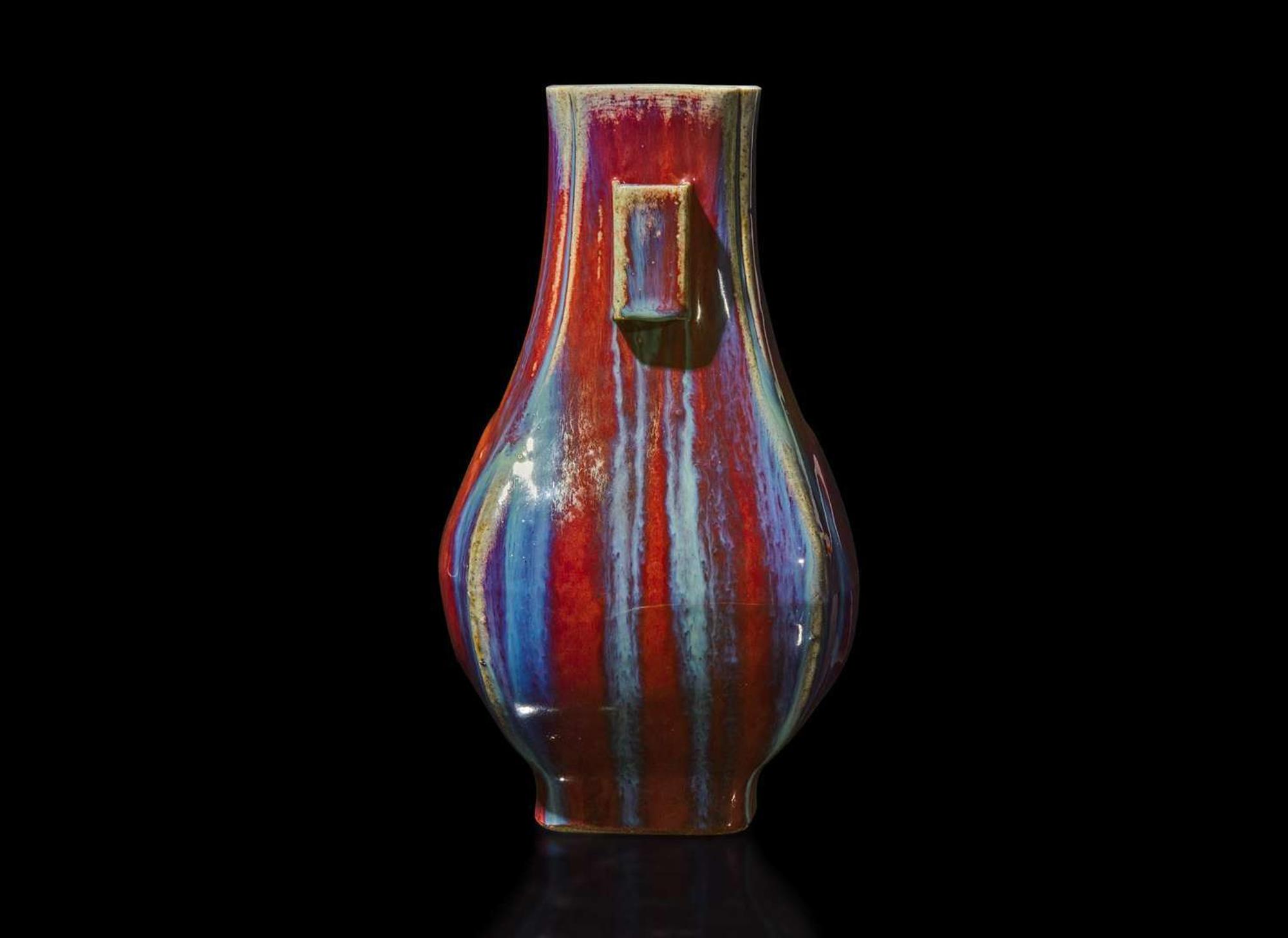 A Chinese flambe-glazed vase, Fanghu, Qianlong six-character incised seal mark 窯變釉方壺 乾隆六字款