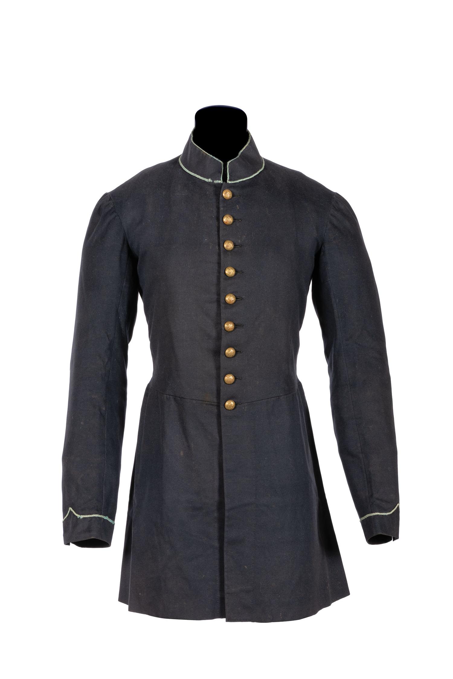 Civil War regulation Model 1858 infantry frock coat identified to Private James C. Woods, Company E, 5th Ohio Infantry.