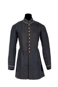Civil War regulation Model 1858 infantry frock coat identified to Private James C. Woods, Company E, 5th Ohio Infantry.