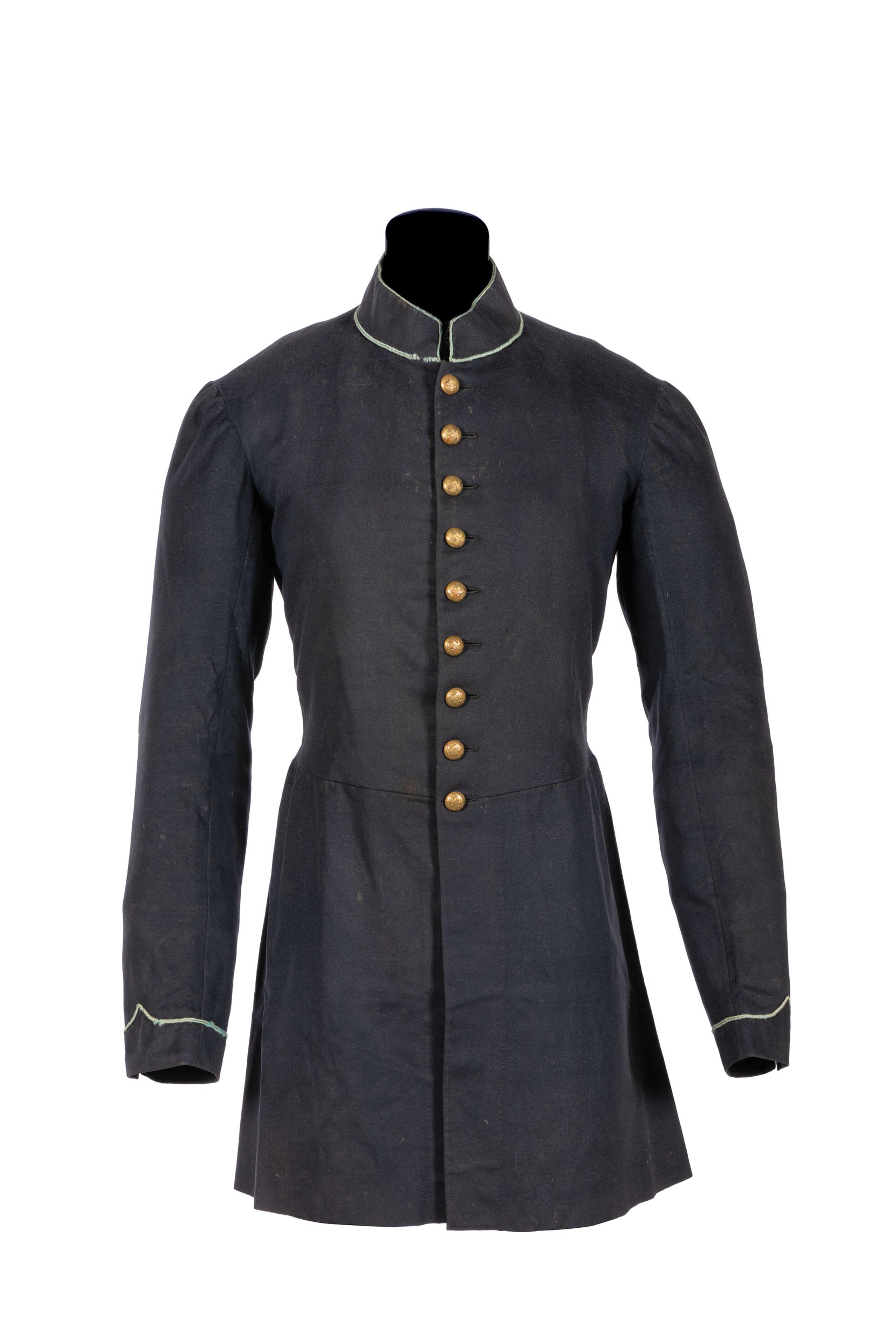 Civil War regulation Model 1858 infantry frock coat identified to Private James C. Woods, Company E, 5th Ohio Infantry.