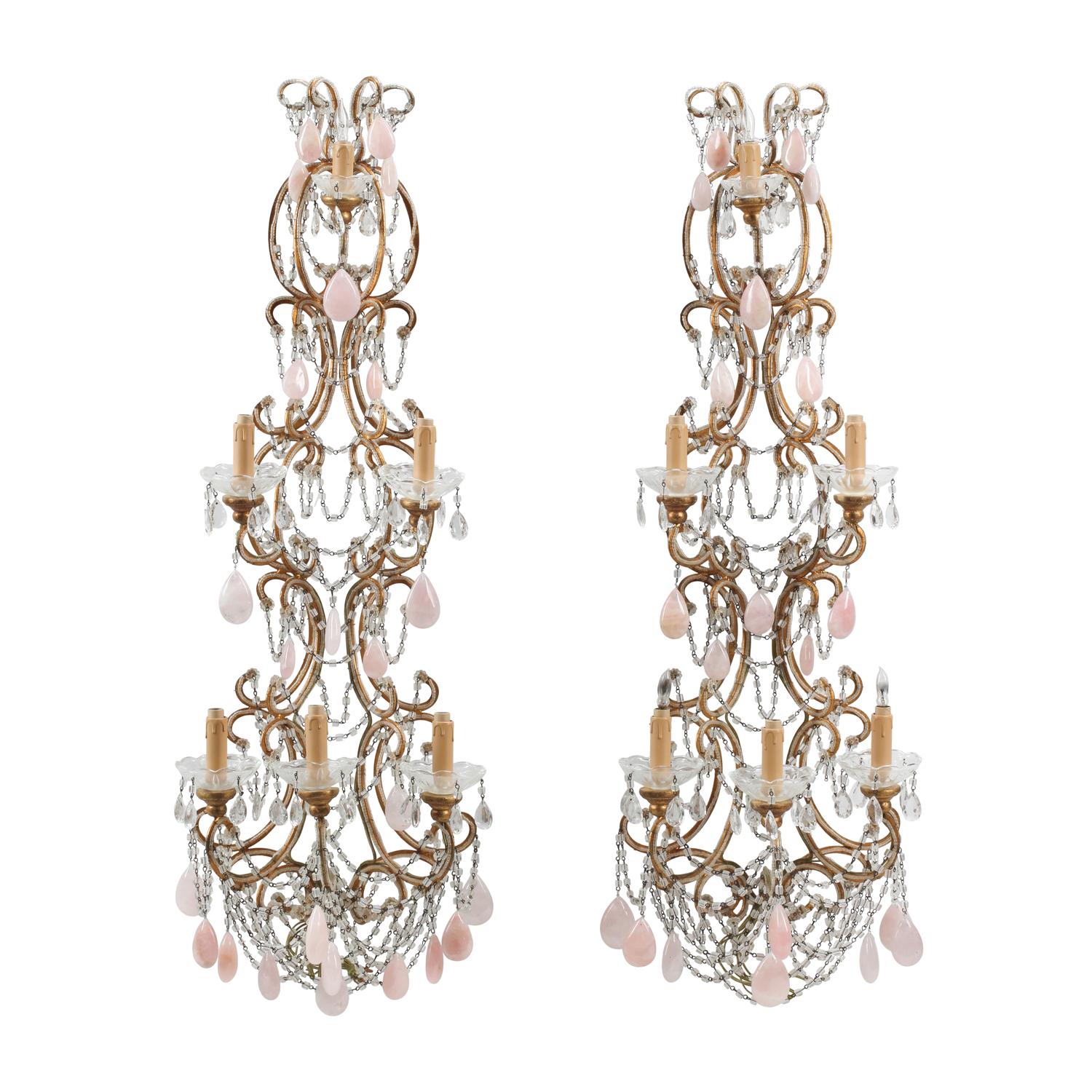 A Pair of Large Italian Neoclassical Style Cut Glass and Rose Quartz Six-Light Sconces