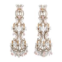 A Pair of Large Italian Neoclassical Style Cut Glass and Rose Quartz Six-Light Sconces