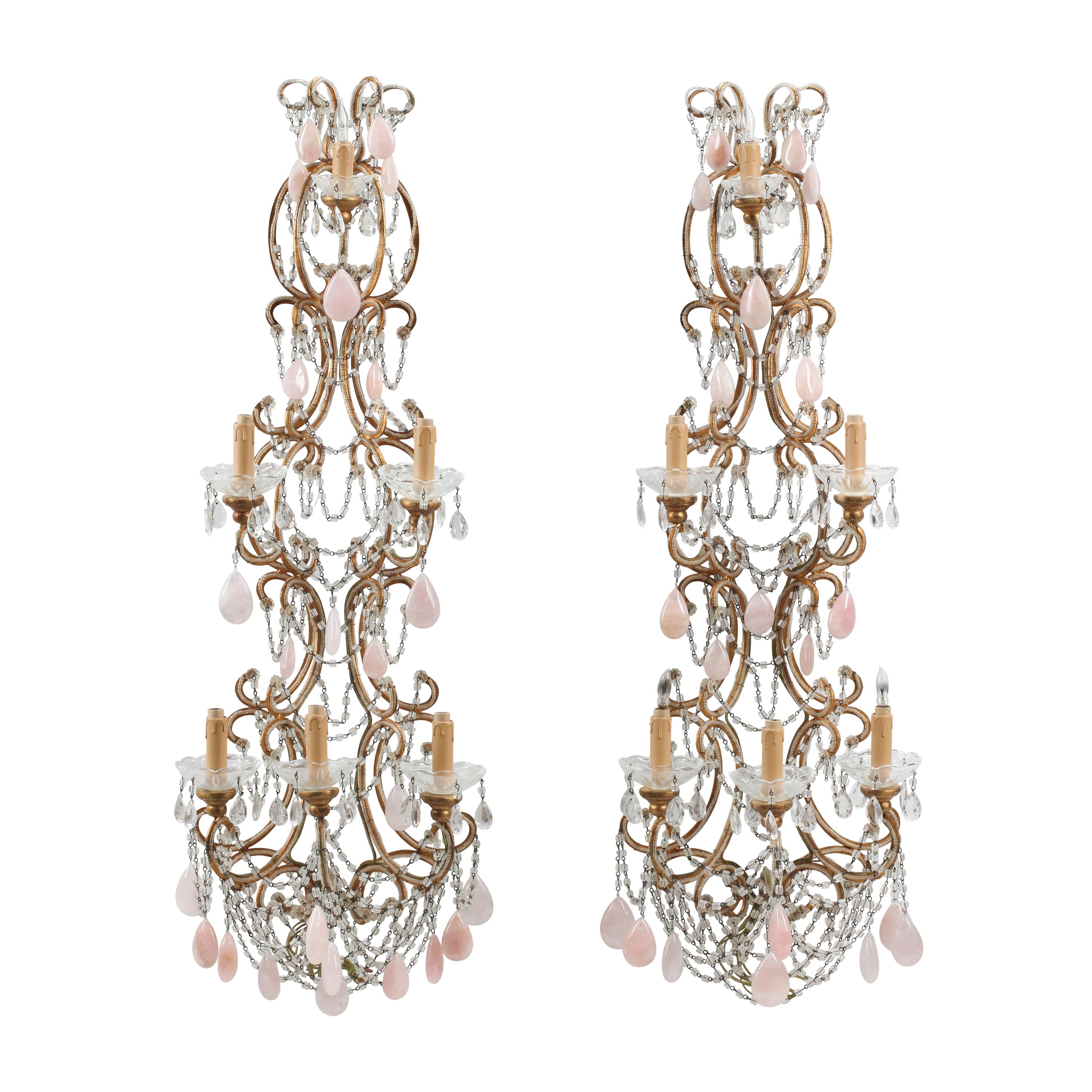 A Pair of Large Italian Neoclassical Style Cut Glass and Rose Quartz Six-Light Sconces