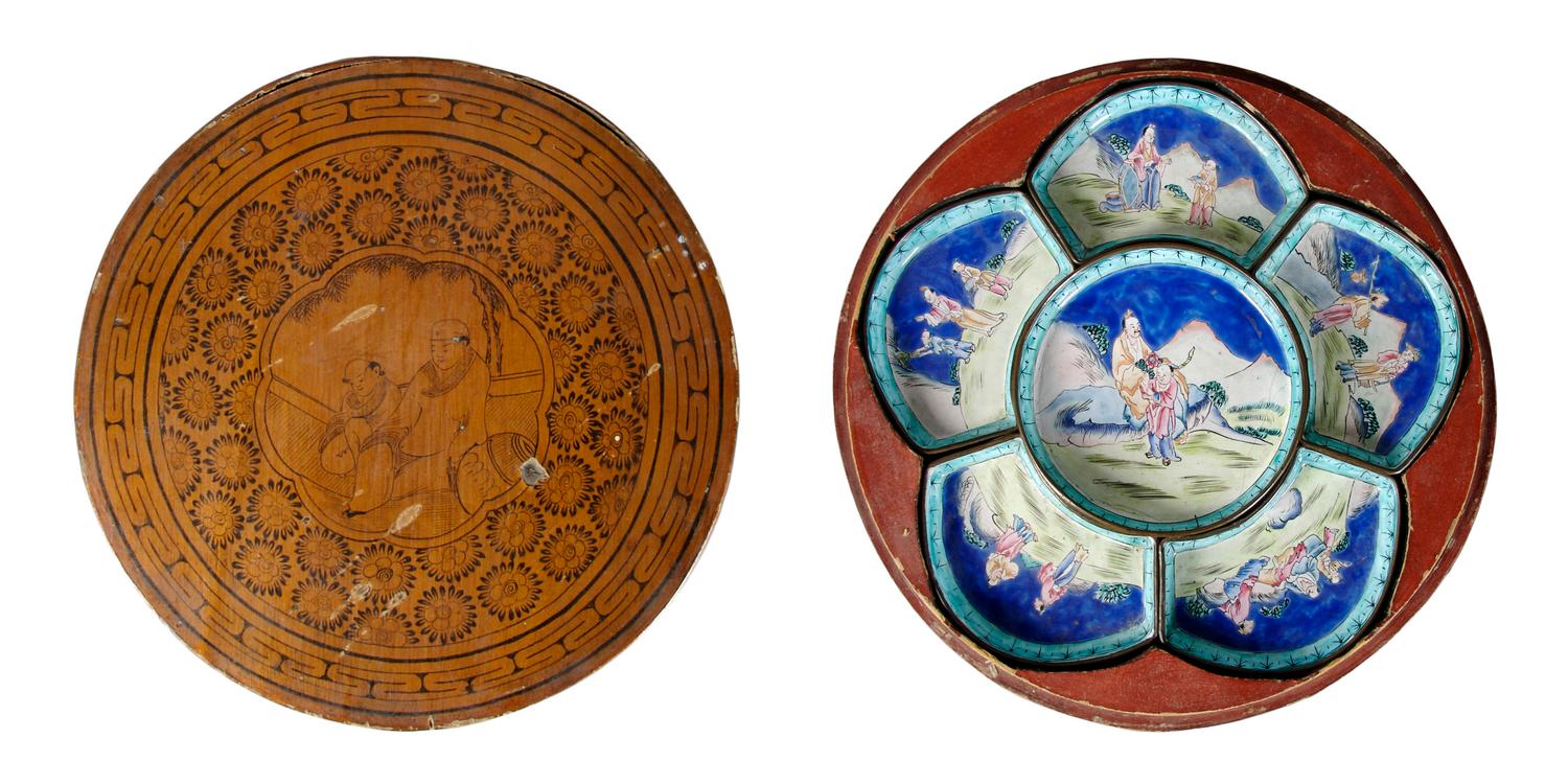 A Set of Six Canton Enameled Trays, Diameter of box 12 1/4 inches.