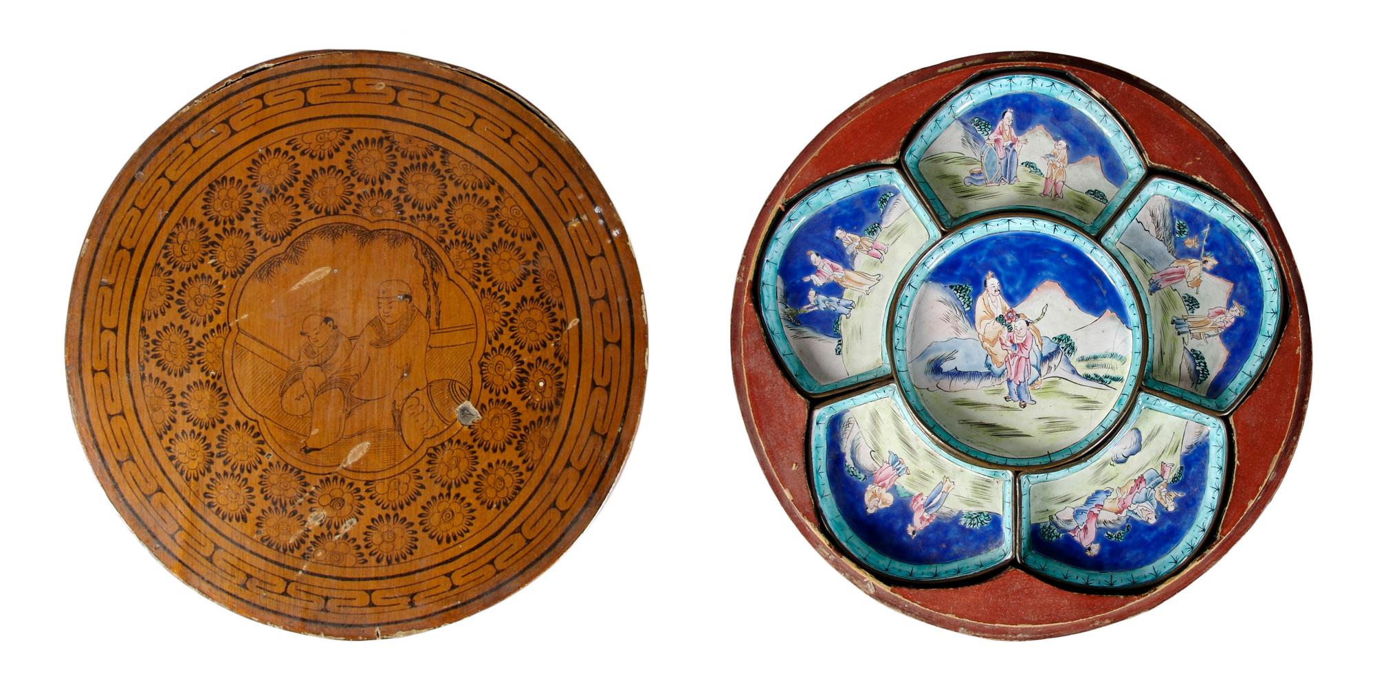 A Set of Six Canton Enameled Trays, Diameter of box 12 1/4 inches.