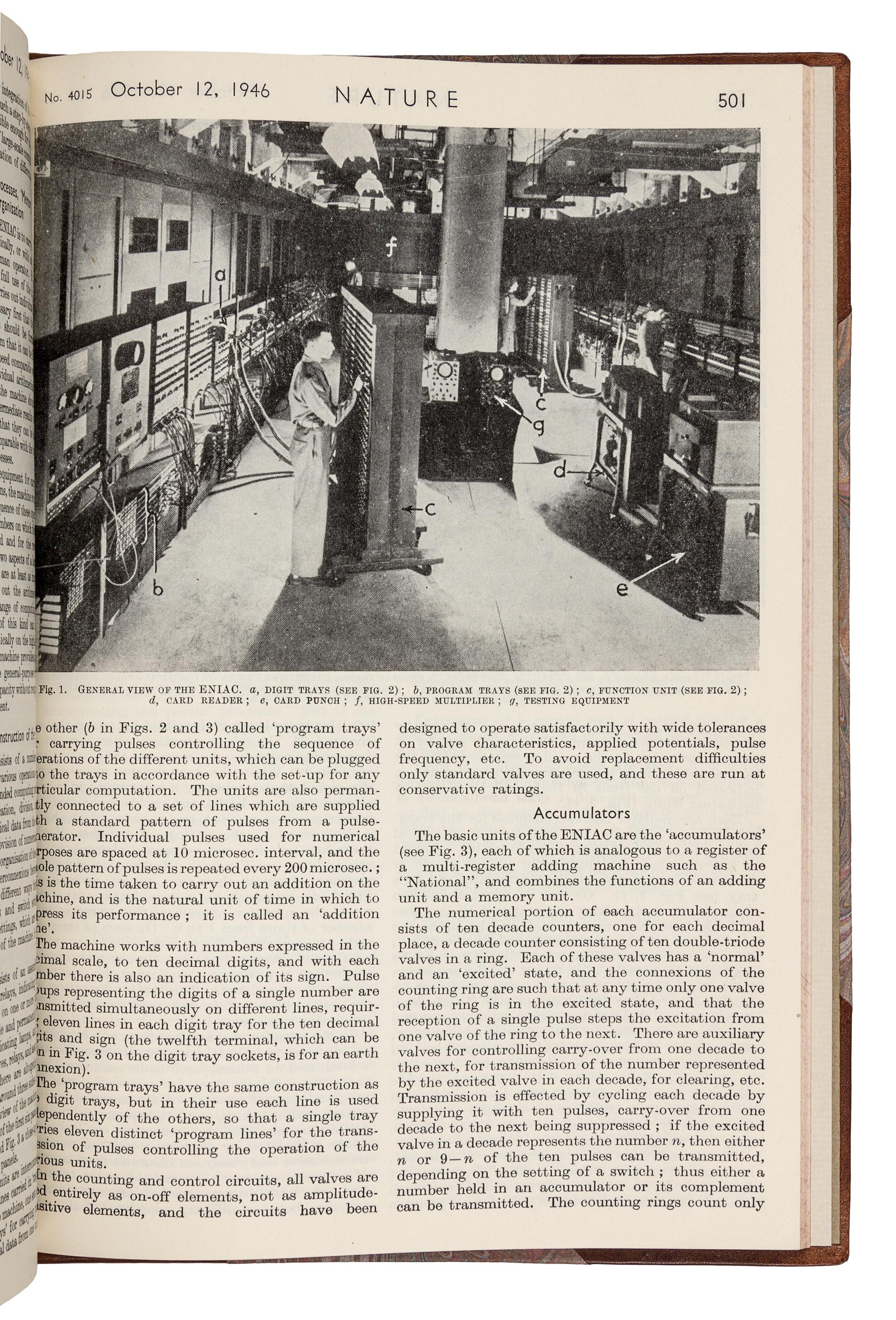 [ENIAC]. HARTREE, Douglas R. (1897-1958). “The ENIAC, an Electronic Calculating Machine.” In: Nature , Vol. 157, No. 3990, p. 527. London: Macmillan and Co., April 20, 1946. – HARTREE. “The ENIAC, An Electronic Computing Machine.” In: Nature , Vol. 158, No. 4015, pp. 500-506. London: Macmillan and Co., October 12, 1946.