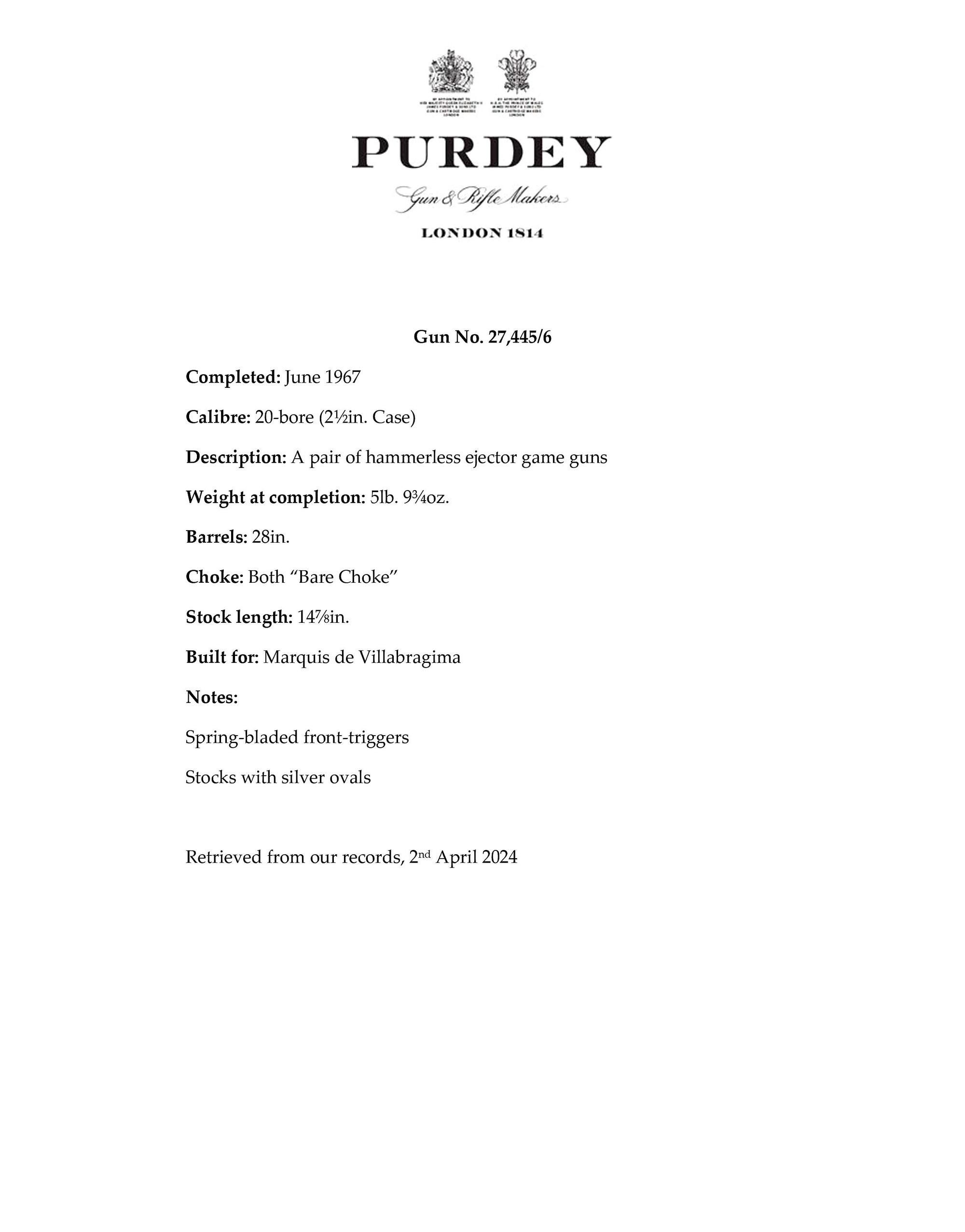 **A Pair of Consecutively Numbered James Purdey & Sons 20 Bore SxS Hammerless Shotguns Made for the Spanish Marquis de Villabragima, in Original Motor Case with Accessories