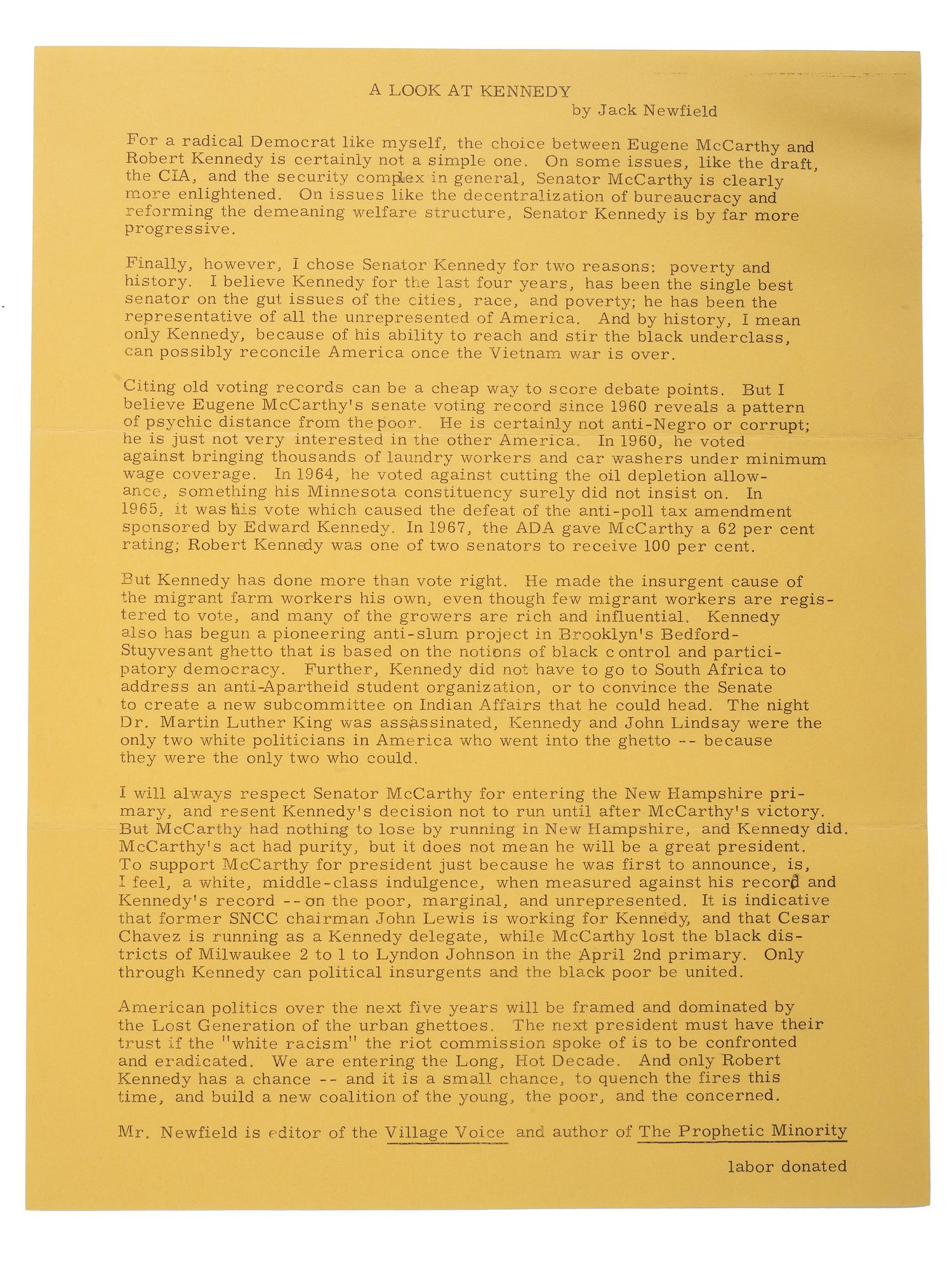 [KENNEDY, Robert F. (1925-1968)]. Promotional packet for Robert F. Kennedy's presidential campaign, incl. letter with reference to Martin Luther King, Jr., issued one week before Kennedy's assassination. Postmarked 31 May 1968.