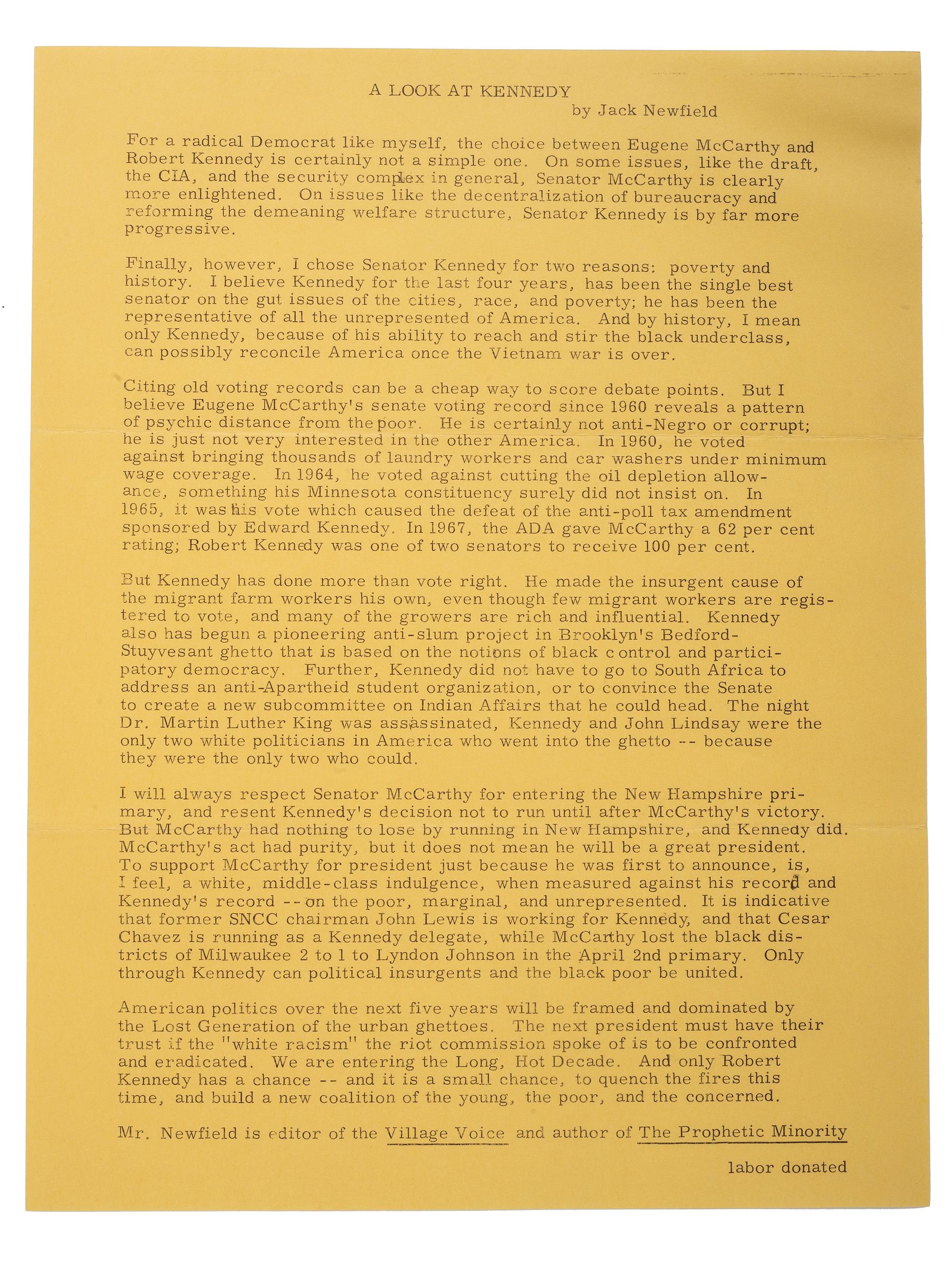 [KENNEDY, Robert F. (1925-1968)]. Promotional packet for Robert F. Kennedy's presidential campaign, incl. letter with reference to Martin Luther King, Jr., issued one week before Kennedy's assassination. Postmarked 31 May 1968.