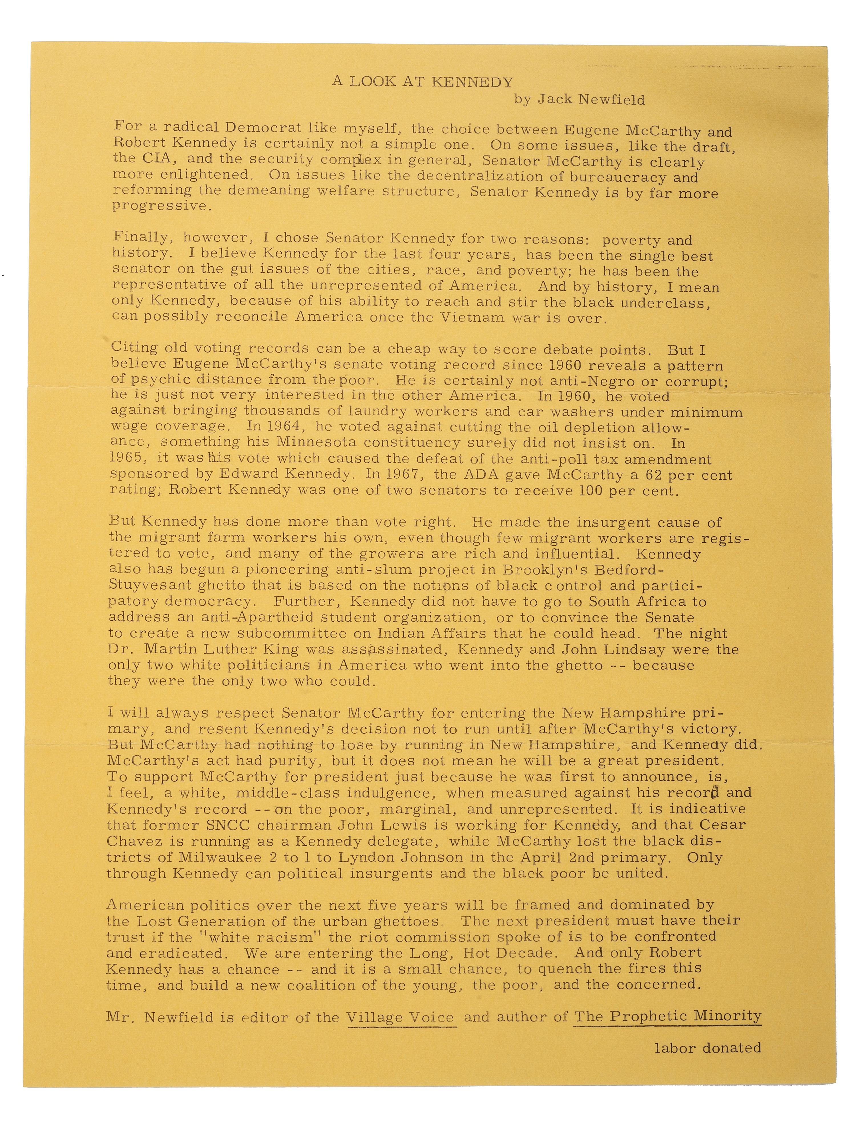 [KENNEDY, Robert F. (1925-1968)]. Promotional packet for Robert F. Kennedy's presidential campaign, incl. letter with reference to Martin Luther King, Jr., issued one week before Kennedy's assassination. Postmarked 31 May 1968.