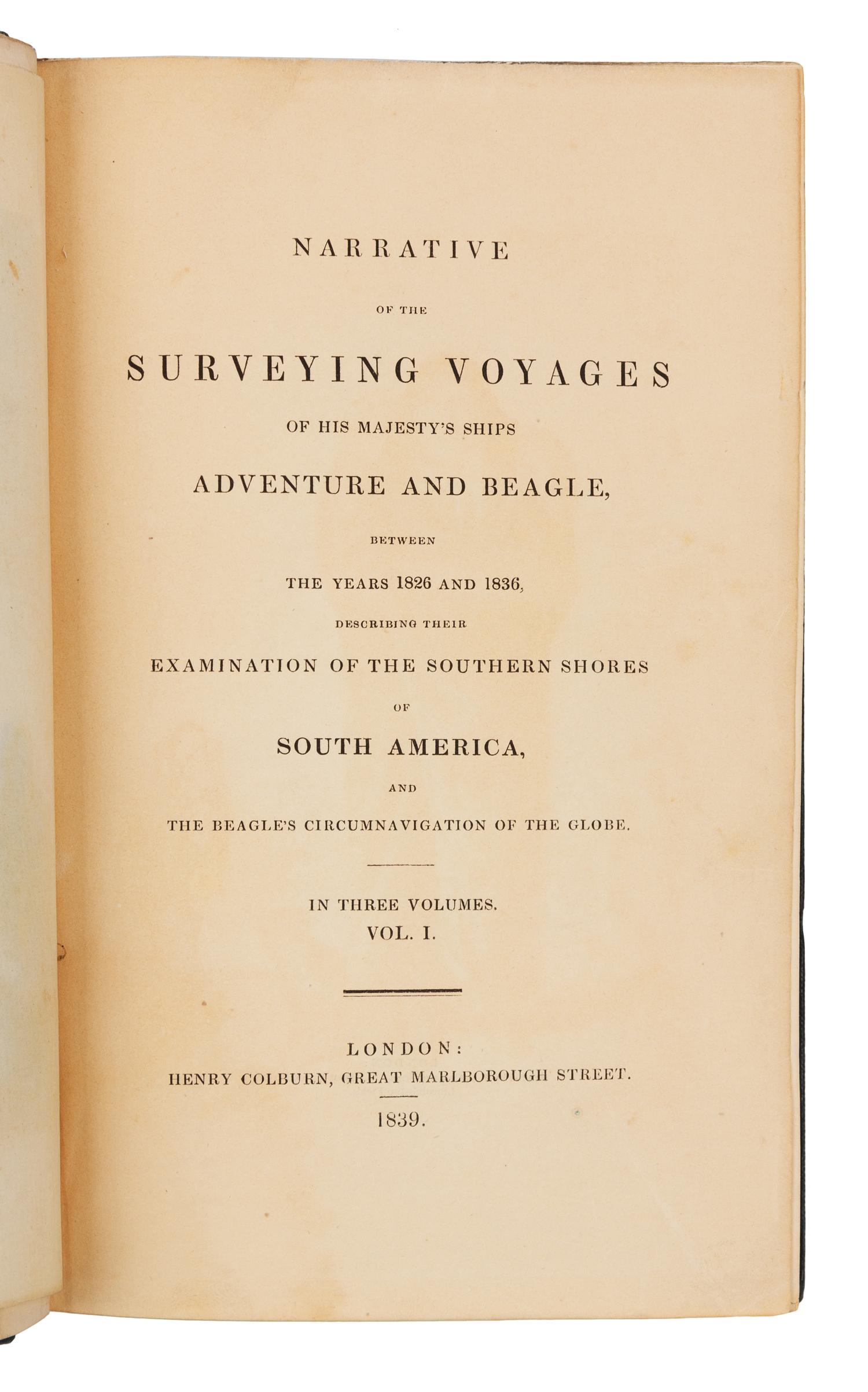 DARWIN, Charles. -- R. FITZROY, editor, and P. P. KING . A Narrative of the Surveyin Voyages of...Adventure and Beagle. FIRST EDITION.