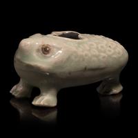 A Chinese Pale Blue Glazed Three-Legged Toad, Yuan/Ming Dynasty or Earlier — 元明或更早 青釉金蟾