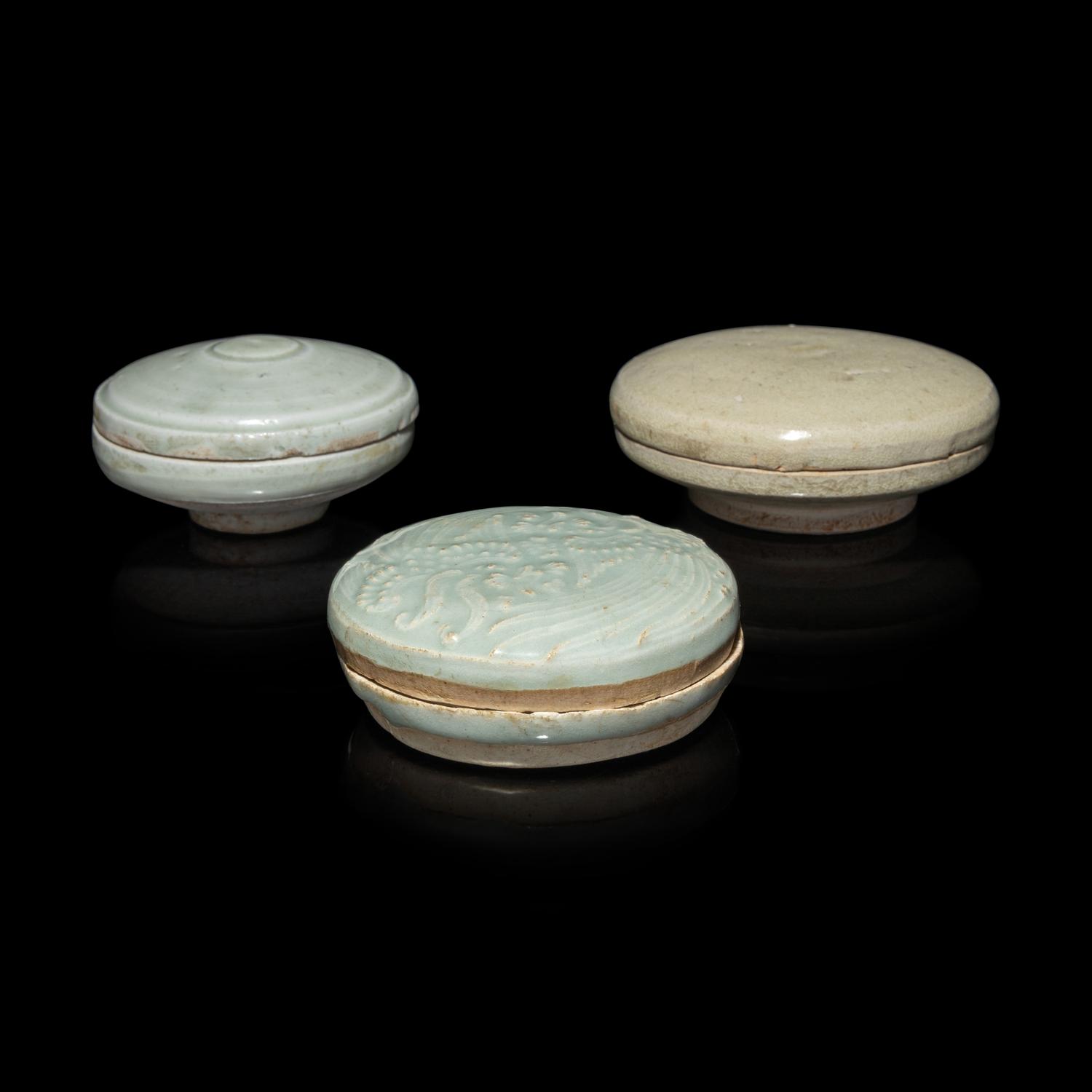 Three Chinese Qingbai Glazed Porcelain Boxes and Covers, Song Dynasty 宋 青白釉蓋盒三件