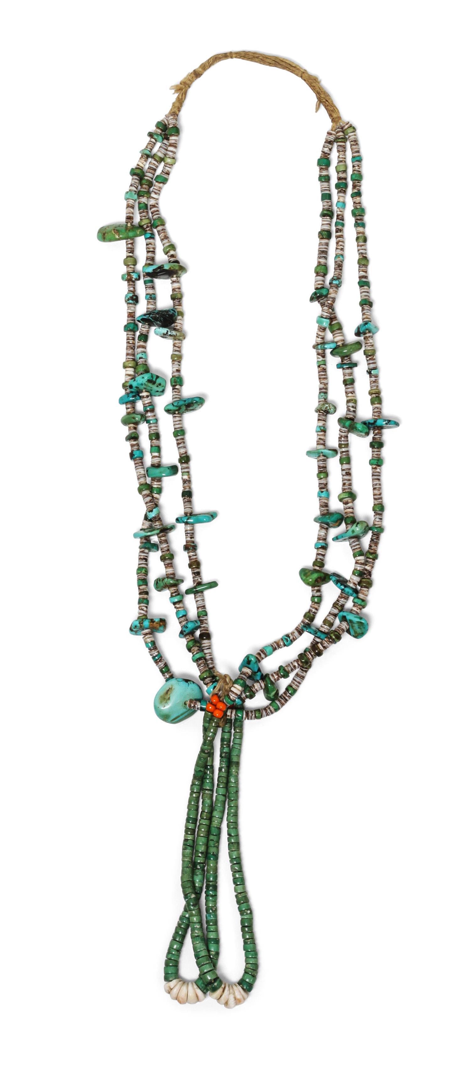 A Santo Domingo Three Strand Nugget and Heishi Necklace Length 25 inches; length of joclas 5 1/2 inches.