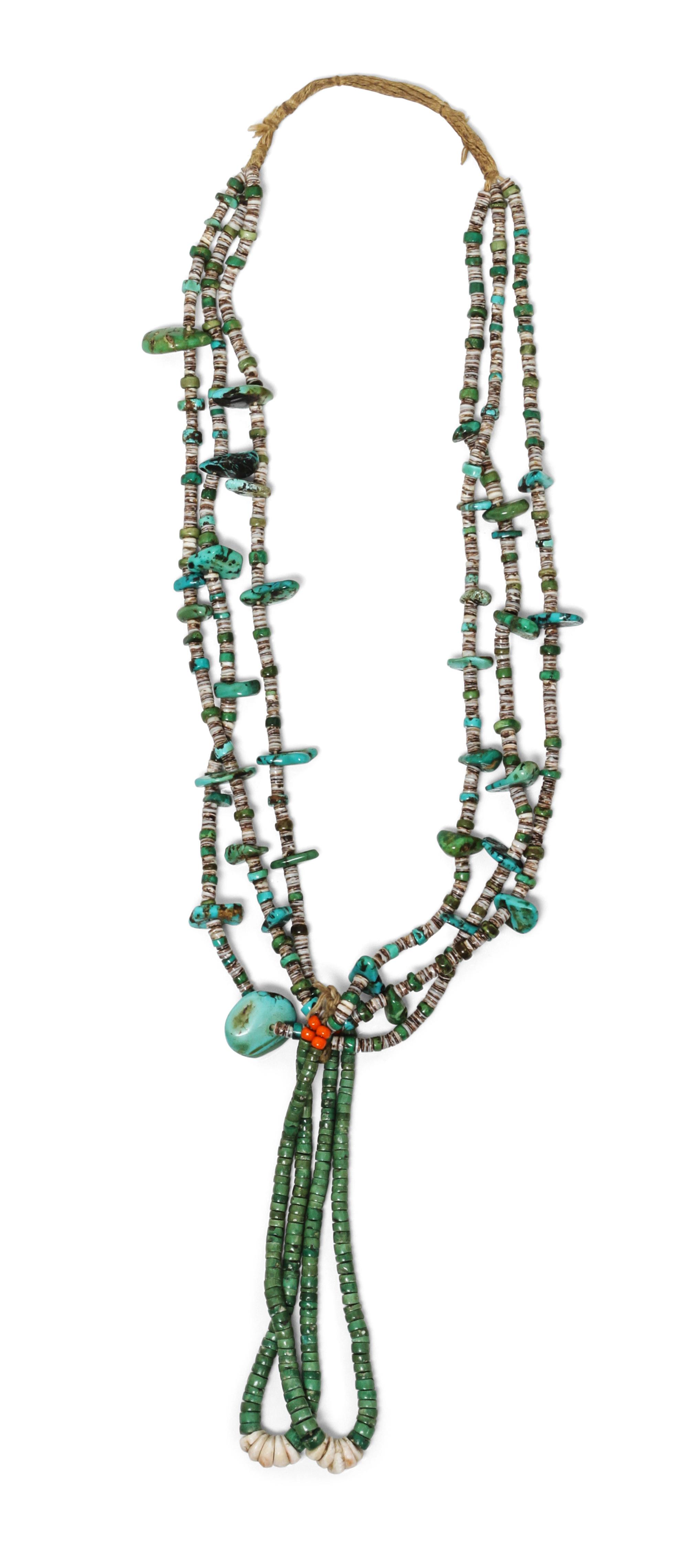 A Santo Domingo Three Strand Nugget and Heishi Necklace Length 25 inches; length of joclas 5 1/2 inches.
