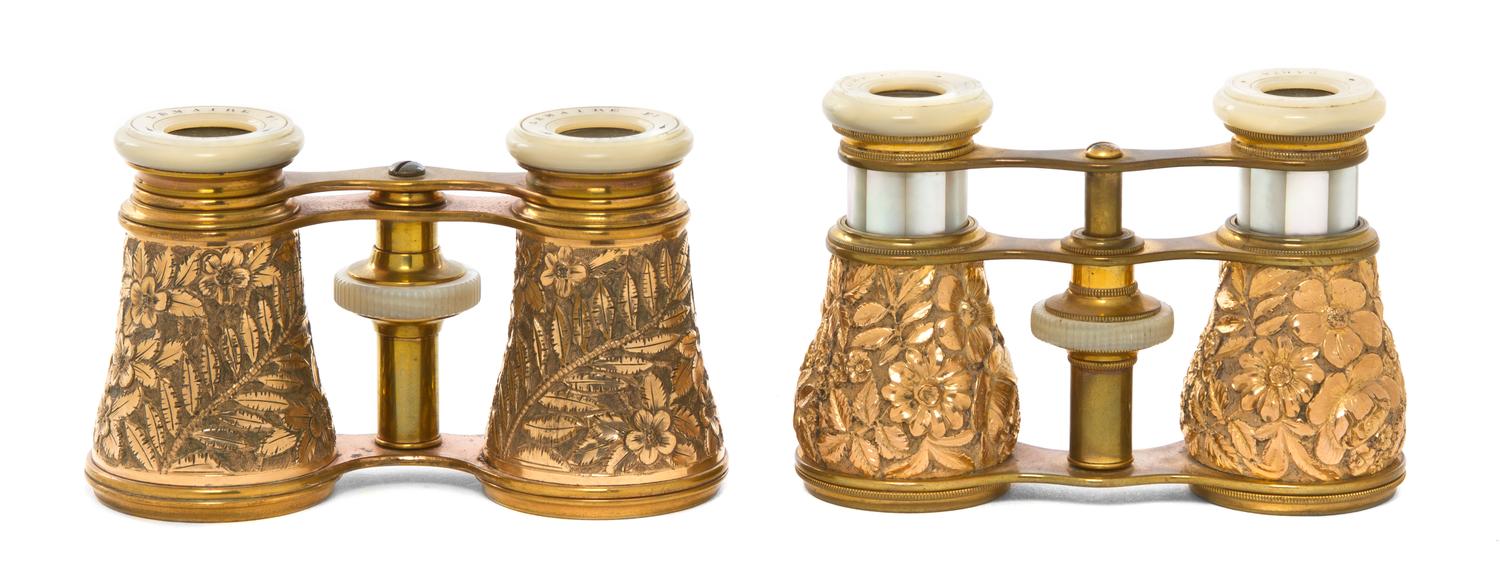 Two Pairs of French Gold Filled Opera Glasses, Width of first 4 1/4 inches.