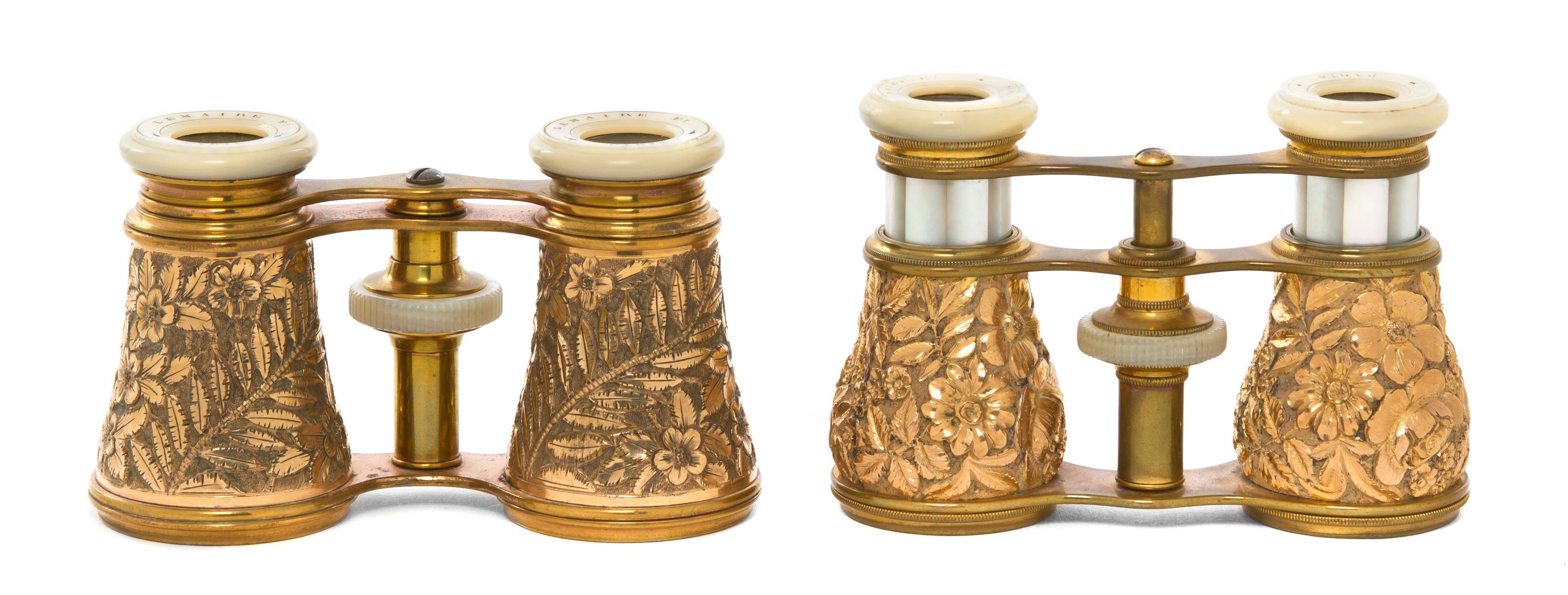 Two Pairs of French Gold Filled Opera Glasses, Width of first 4 1/4 inches.