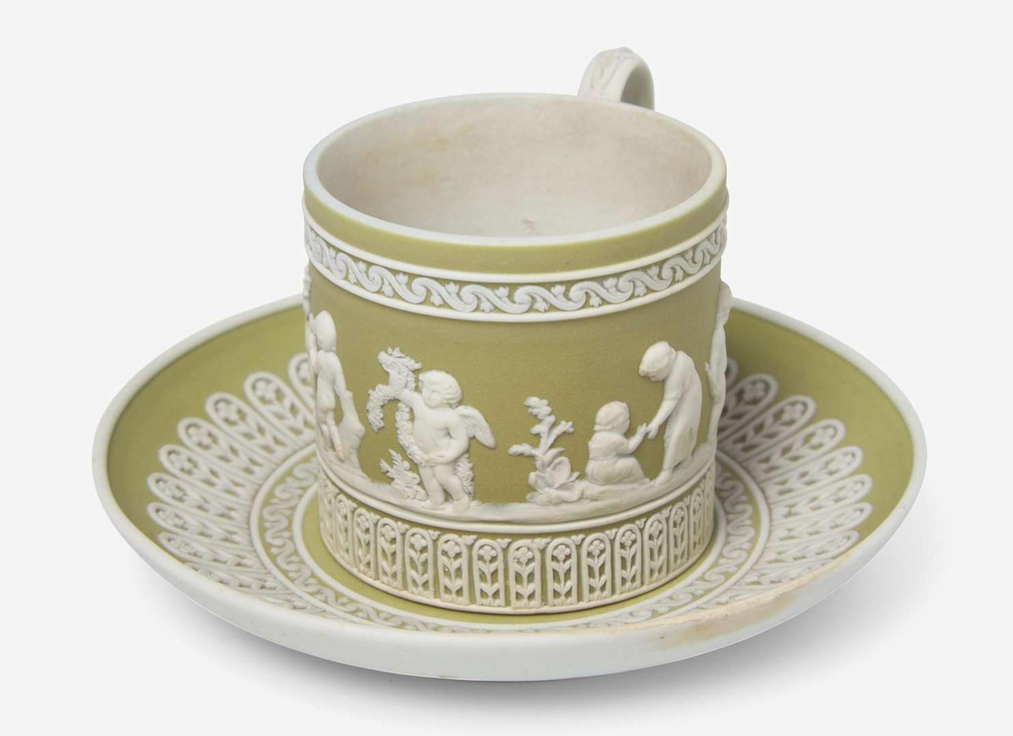 A Wedgwood Green Dip Jasperware Can Cup and Saucer, UK, circa 1800