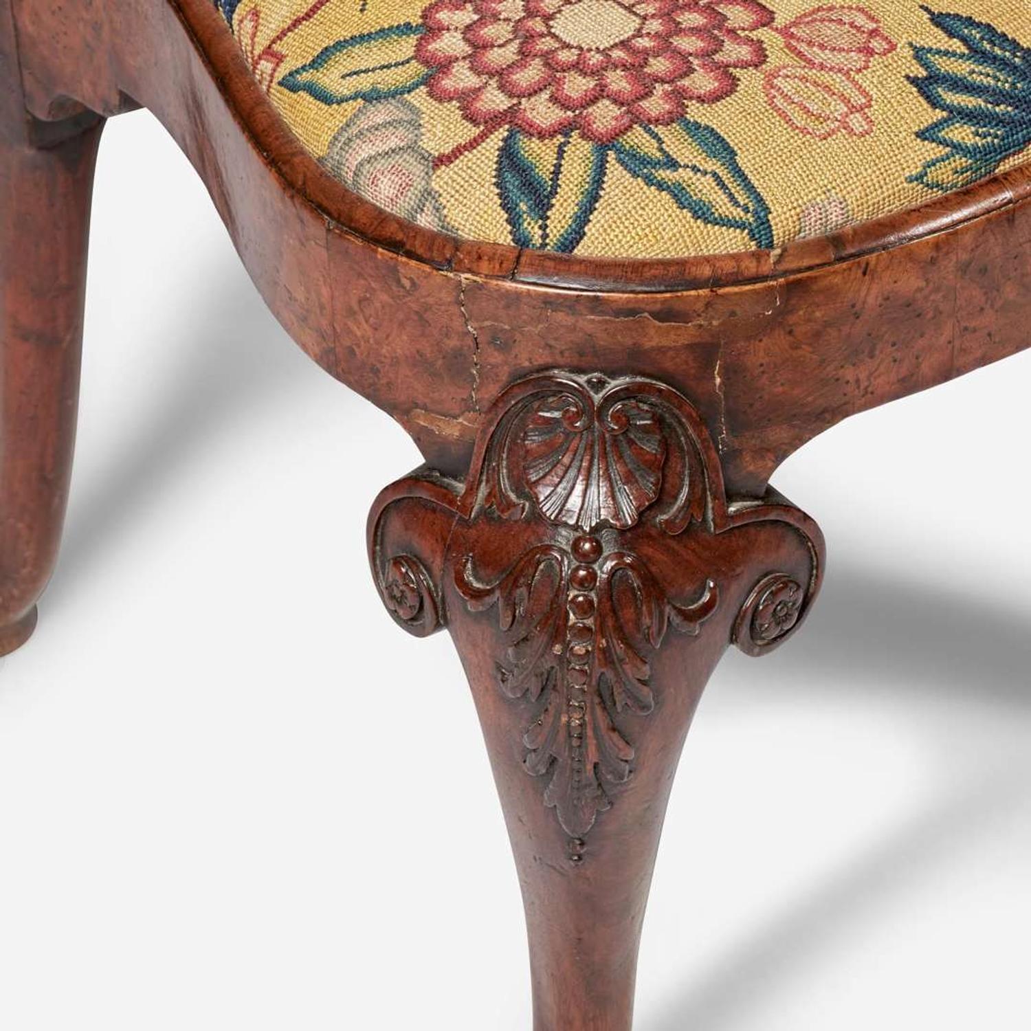A George I carved and veneered burl walnut side chair circa 1720