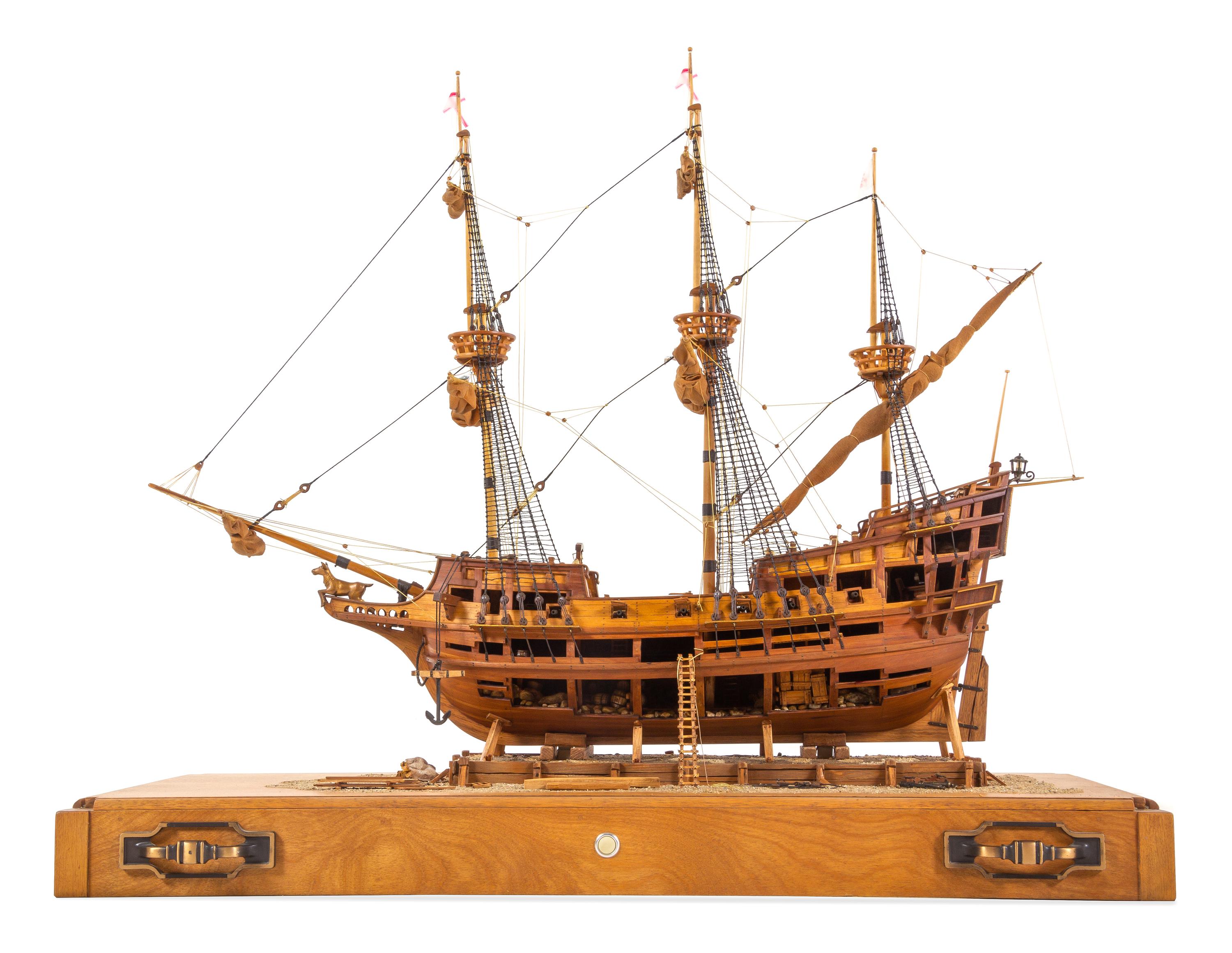 A Model of the "Golden Hind" Height of model 27 x length of case 35 3/4 inches.