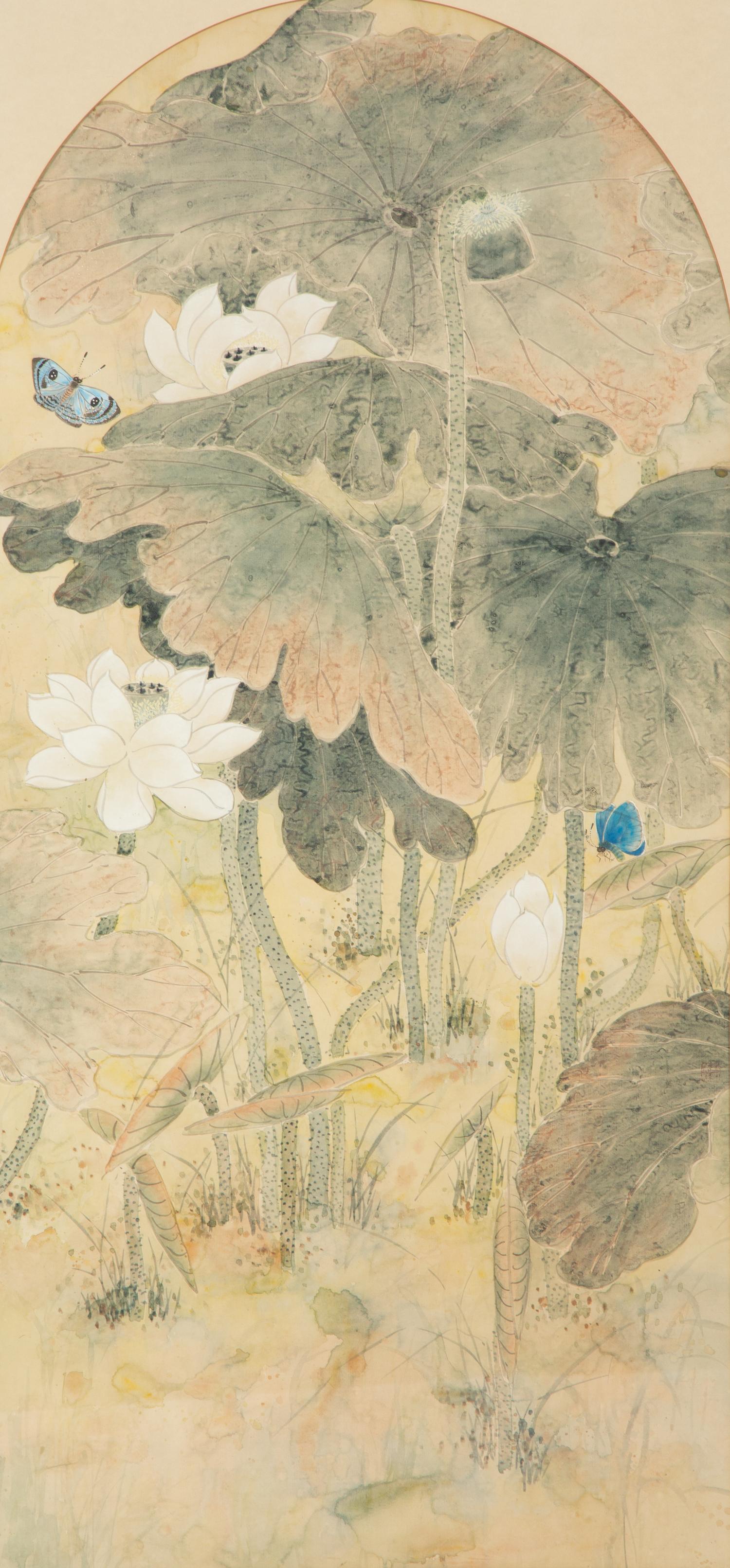 Still Lives with Water Lilies and Butterflies (a pair)