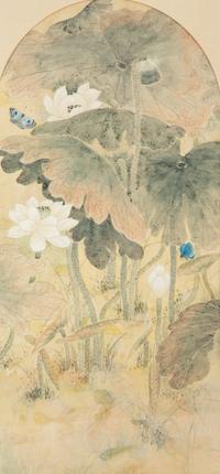 Still Lives with Water Lilies and Butterflies (a pair)