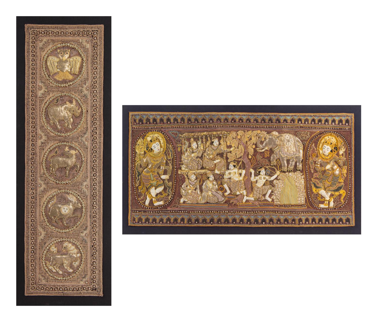 Two Burmese Metallic Thread-Embroidered Tapestry Panels