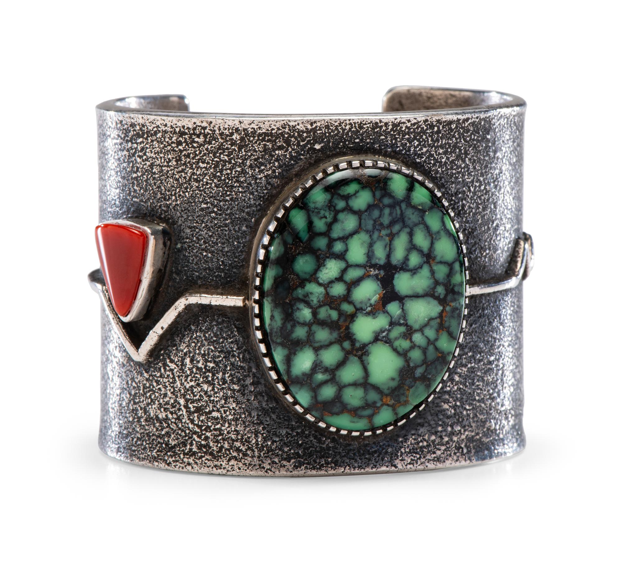 Silver Tufa Cast Cuff Bracelet, with Turquoise and Coral Lot is located and will ship from Denver, Collection.