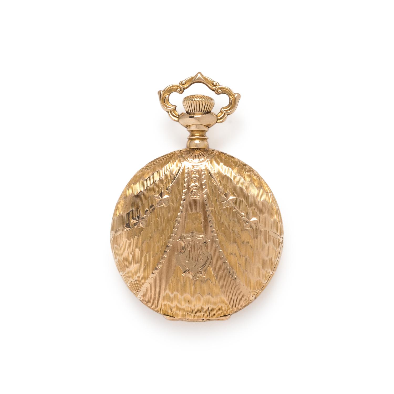 14K YELLOW GOLD AND DIAMOND HUNTER CASE POCKET WATCH AND CHAIN