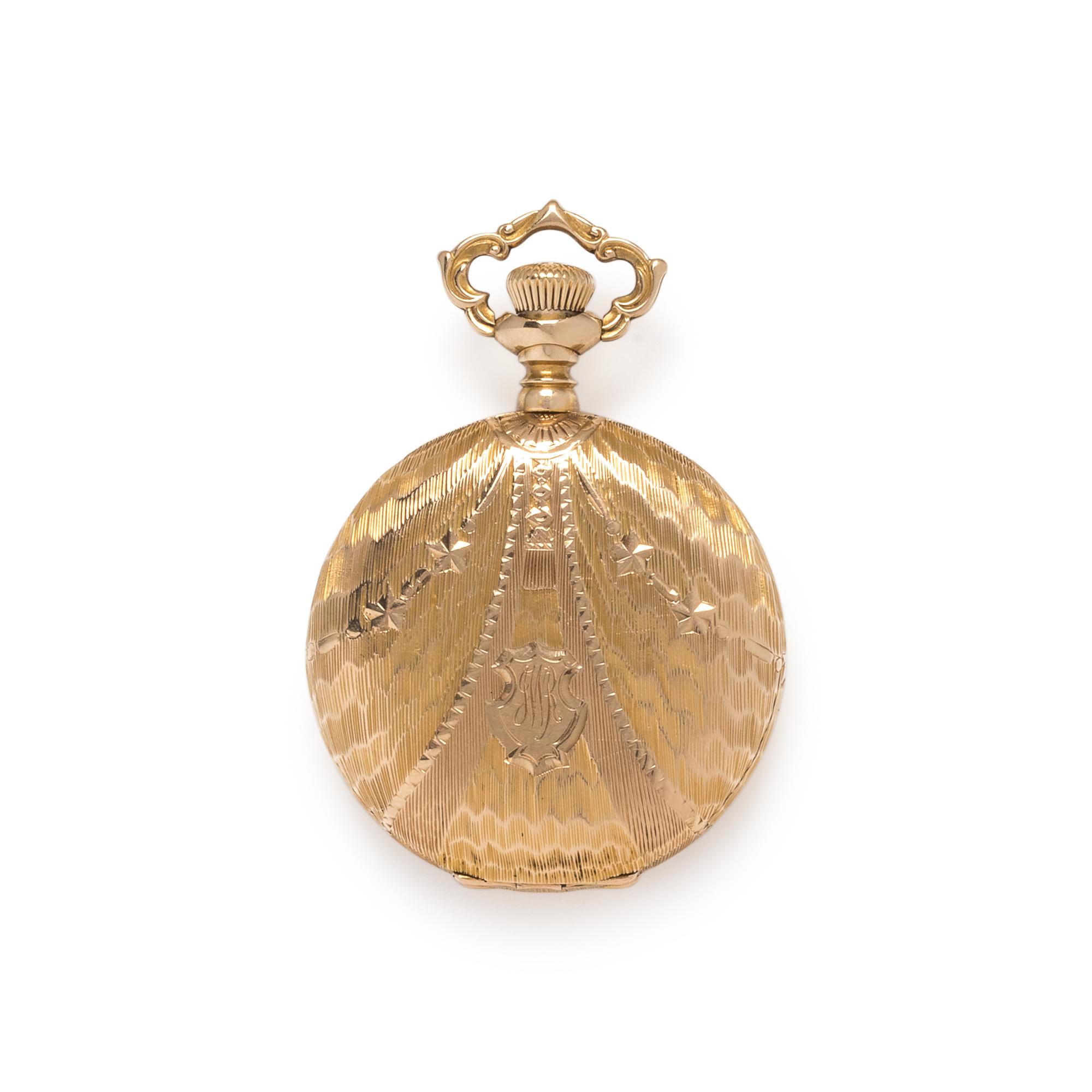 14K YELLOW GOLD AND DIAMOND HUNTER CASE POCKET WATCH AND CHAIN