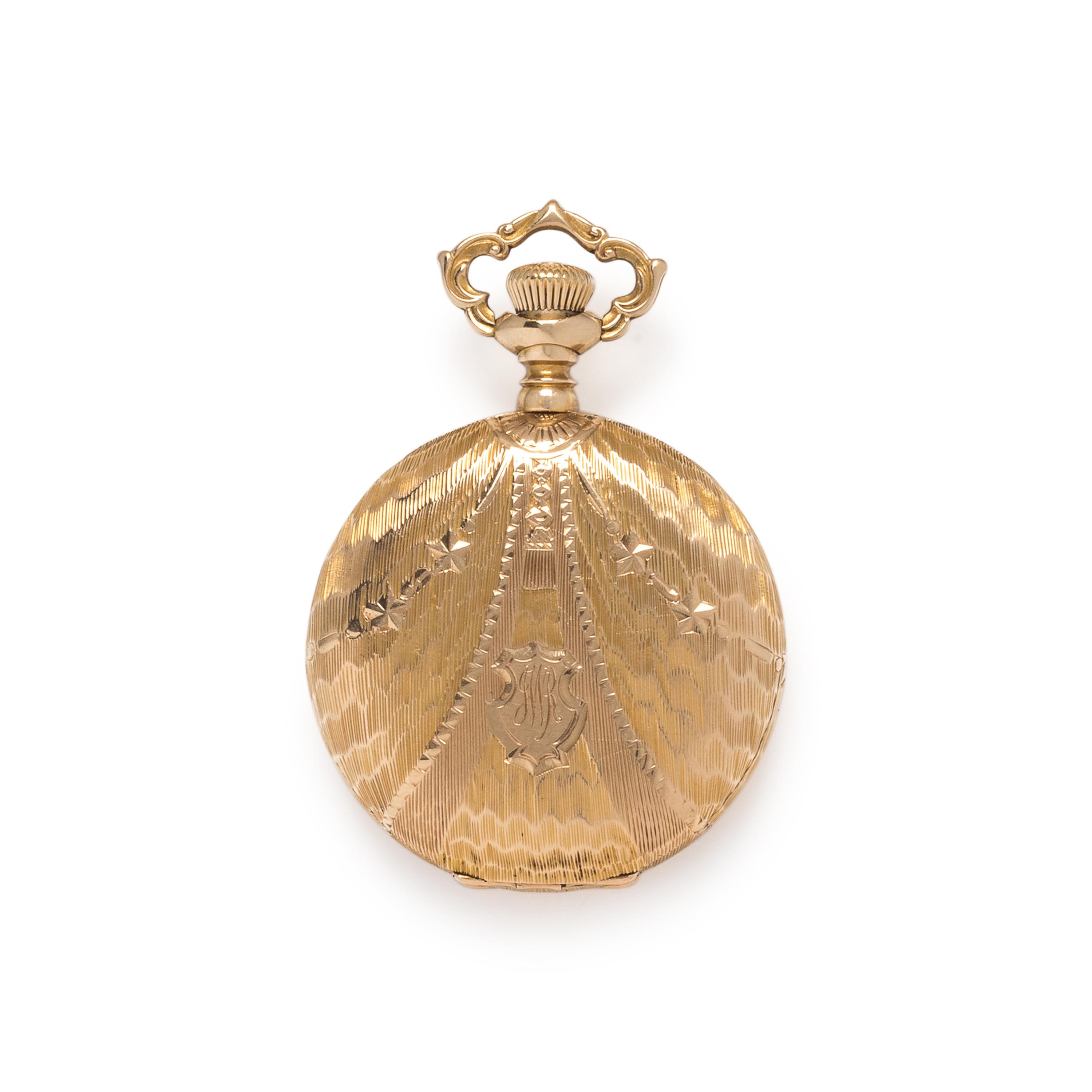 14K YELLOW GOLD AND DIAMOND HUNTER CASE POCKET WATCH AND CHAIN