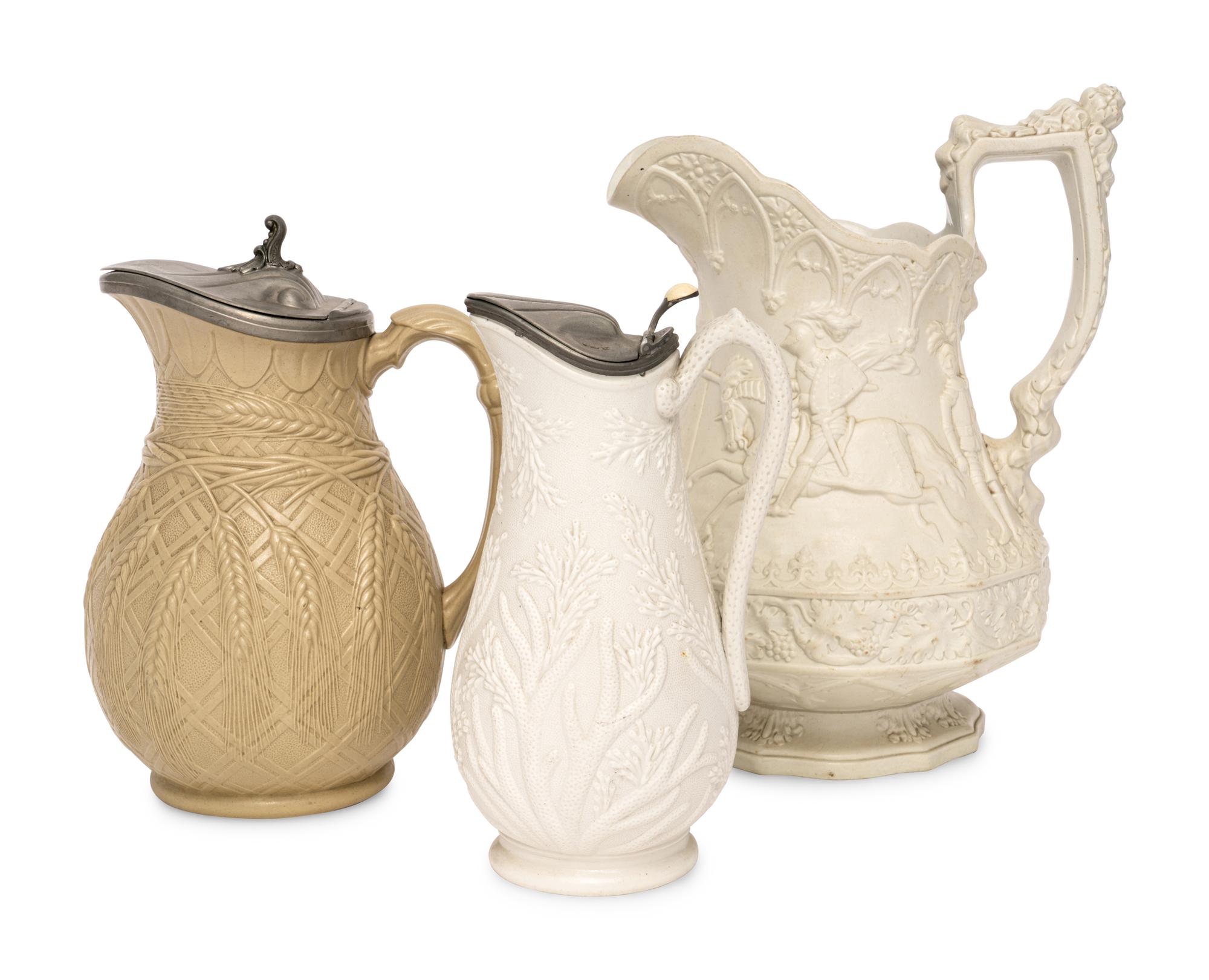 Three English Salt-Glazed Earthenware Pitchers
