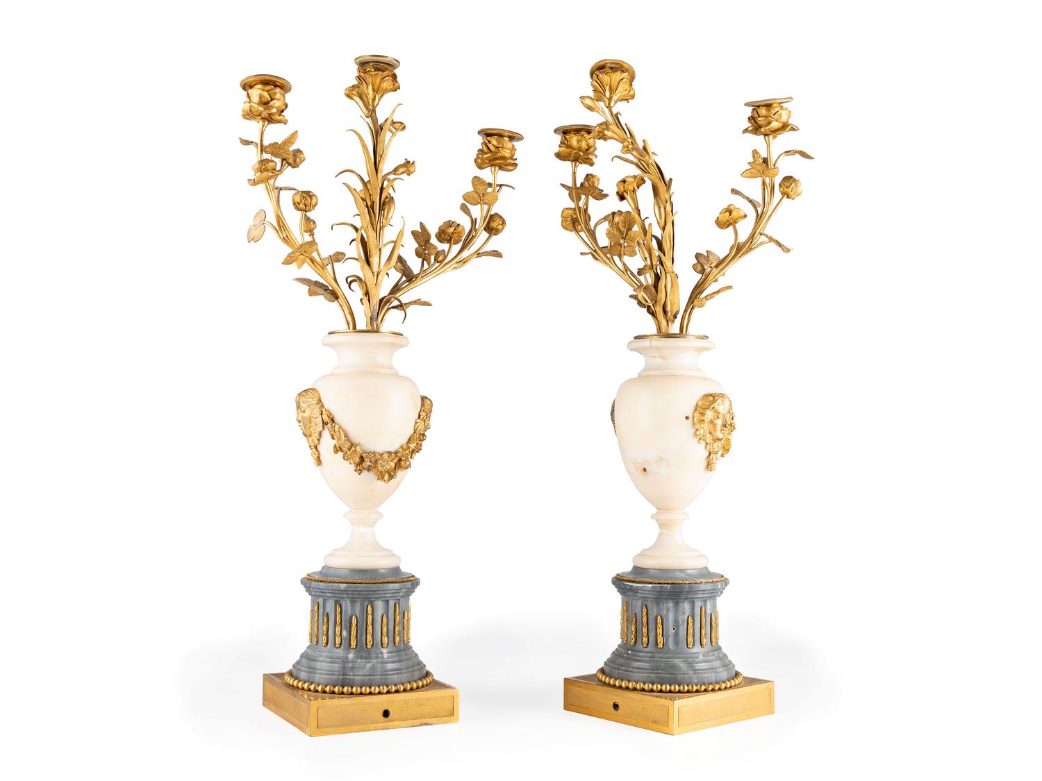 A Pair of French Gilt Bronze and Marble Candelabra