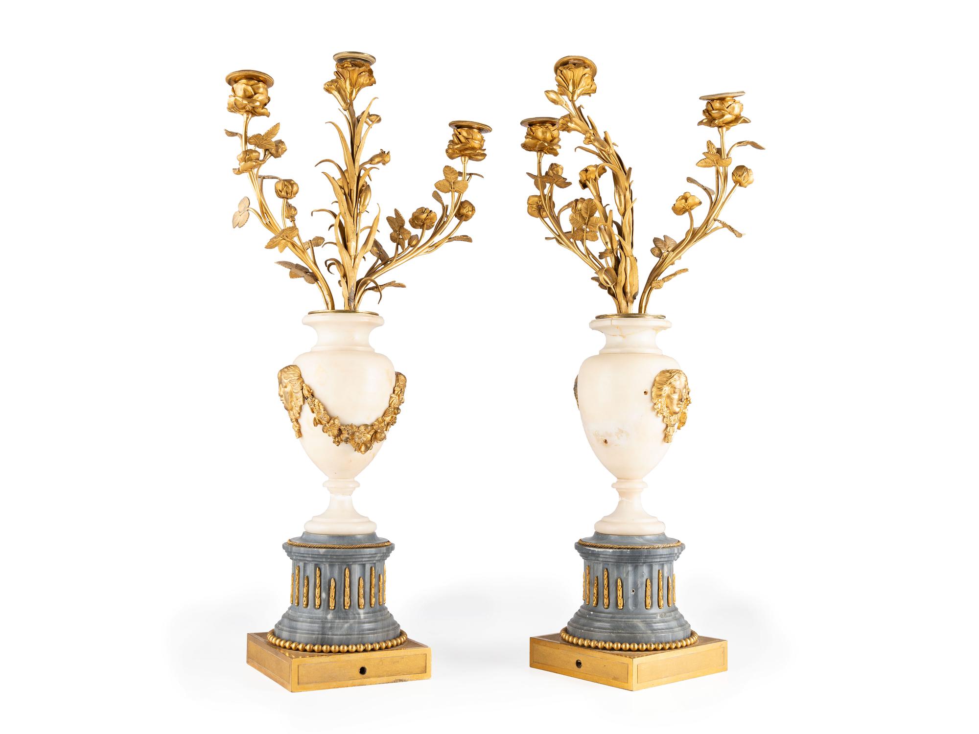 A Pair of French Gilt Bronze and Marble Candelabra