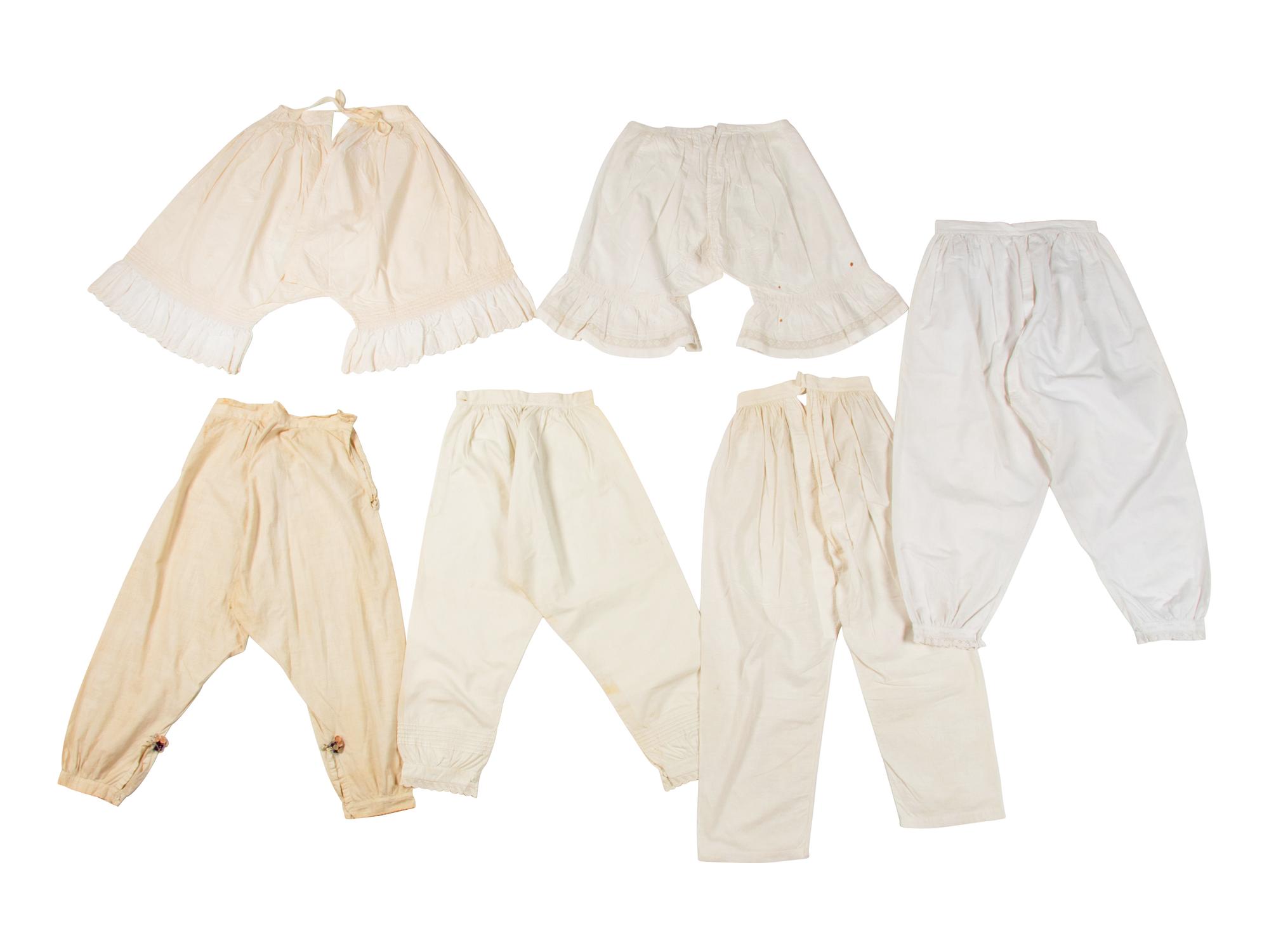Collection of Six Cotton Drawers/Pantaloons and Two Petticoats, 1850-1860s
