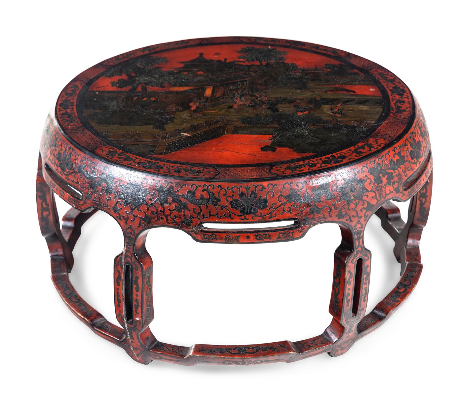 A Large Chinese Painted Red Lacquered Wood Circular Low Table