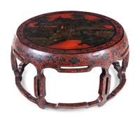 A Large Chinese Painted Red Lacquered Wood Circular Low Table