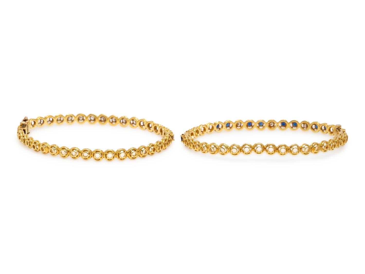 PAIR OF DIAMOND, SAPPHIRE, AND YELLOW GOLD BANGLE BRACELETS