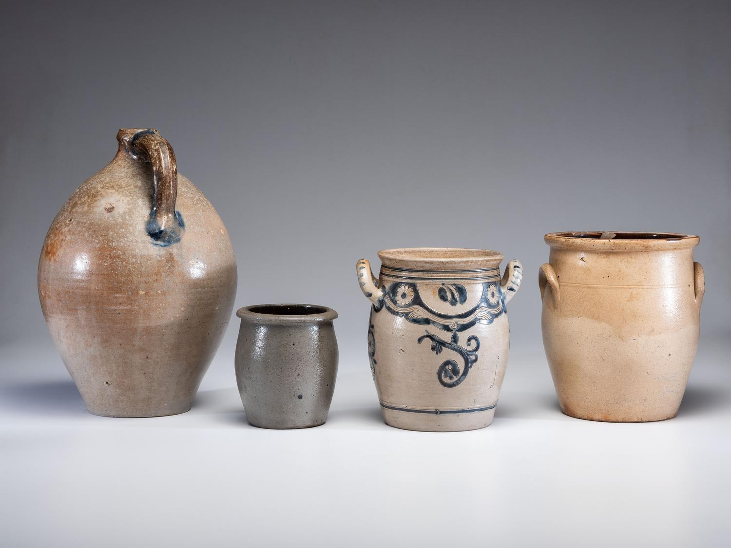 Four Cobalt Decorated Stoneware Vessels