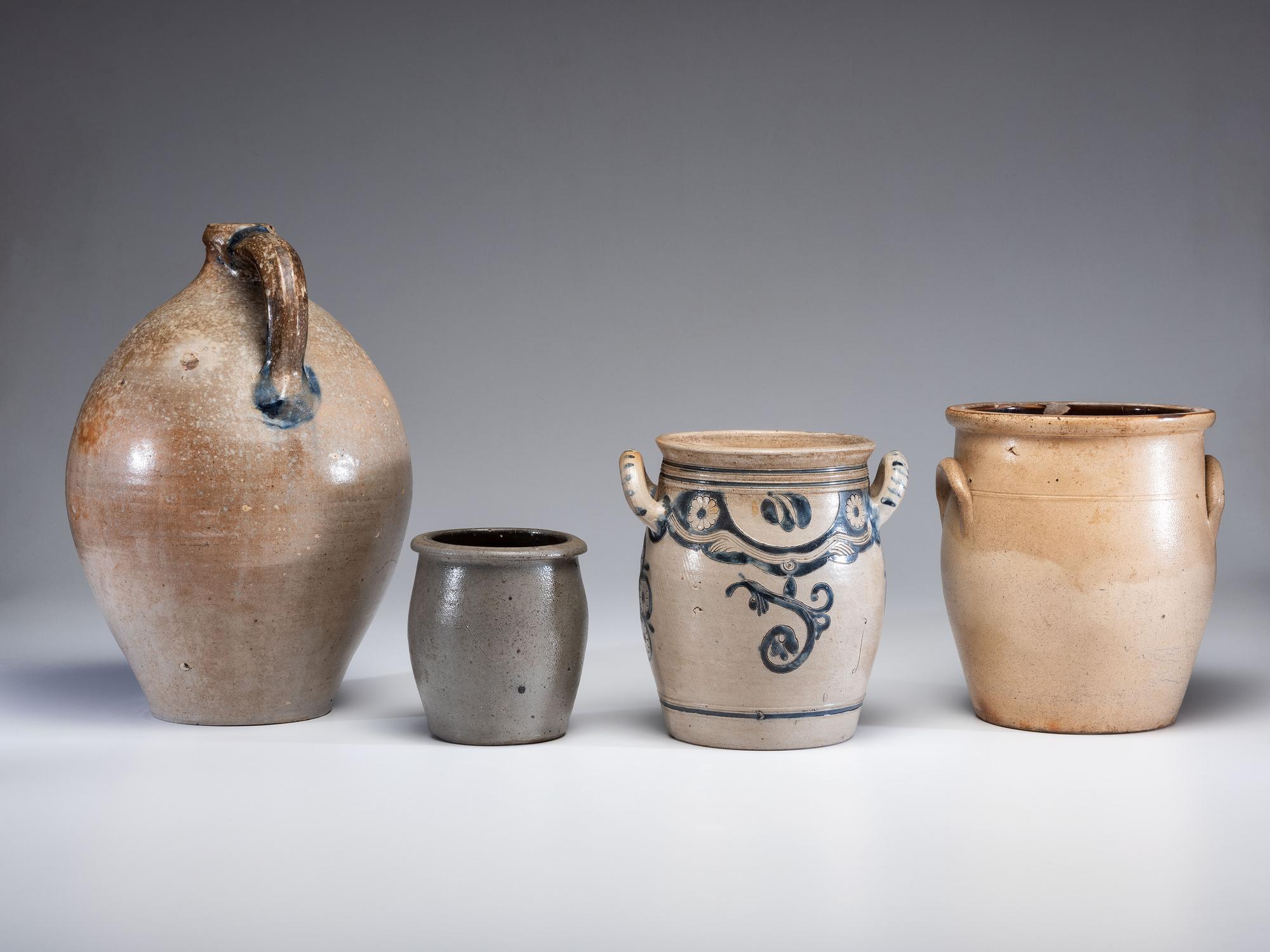 Four Cobalt Decorated Stoneware Vessels