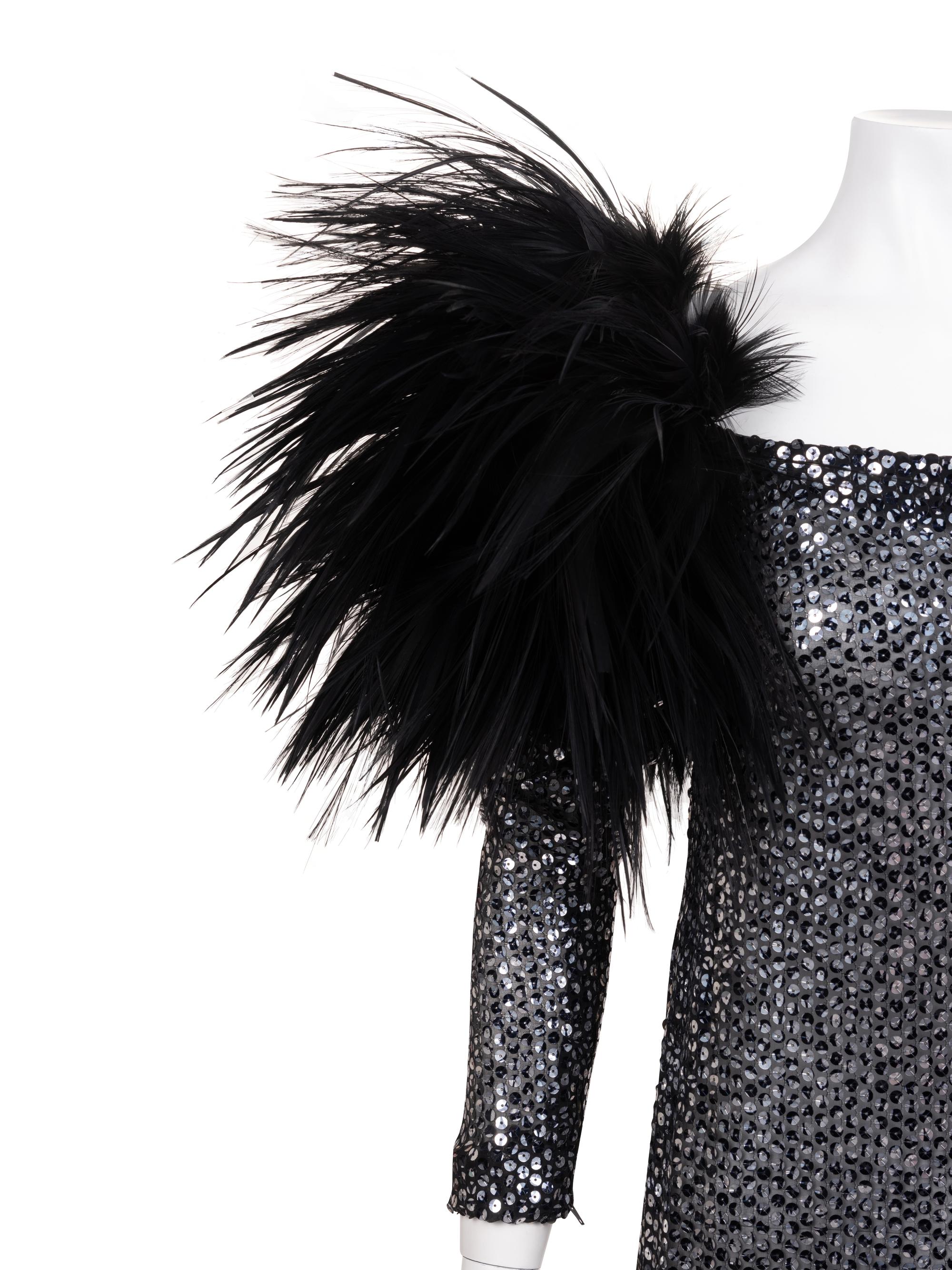 Unlabeled Sequined Dress with Feather Trim, 1970-90s