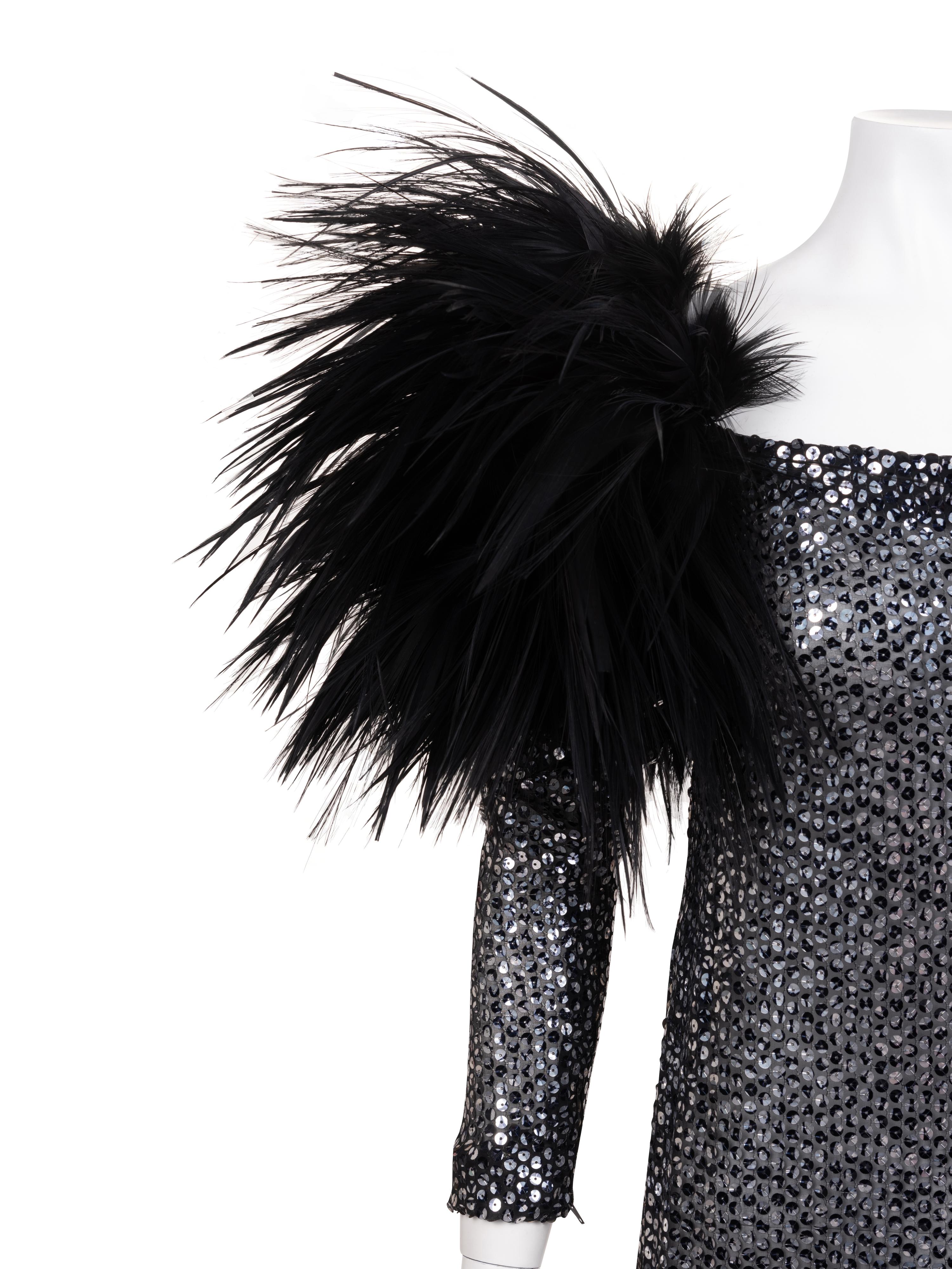 Unlabeled Sequined Dress with Feather Trim, 1970-90s
