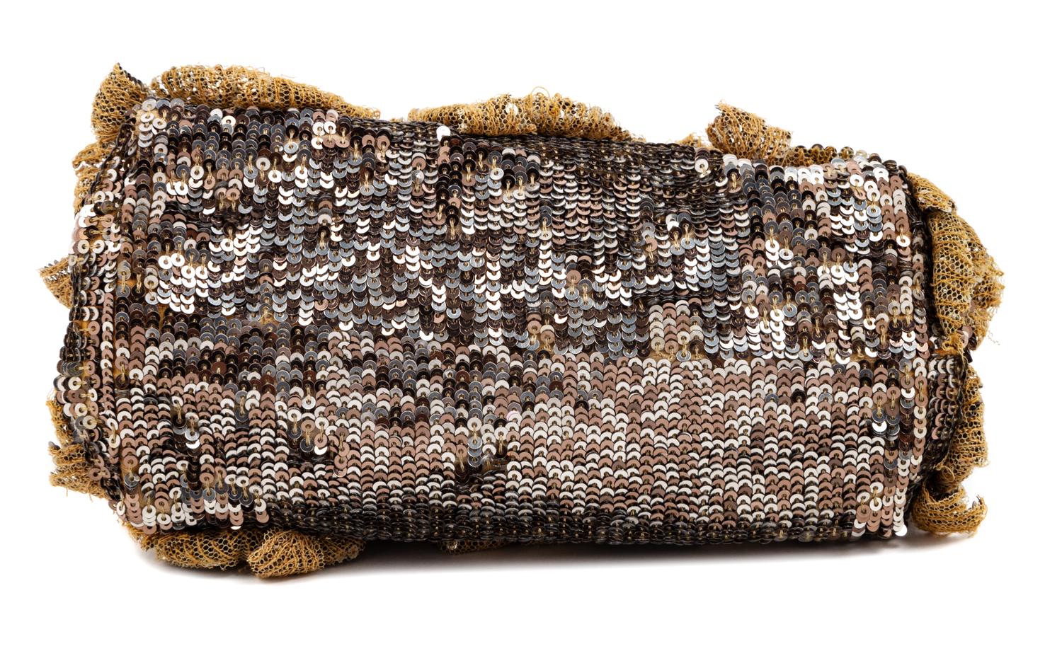 A Valentino Taupe Rosette and Sequin Evening Bag, 4.5" H x 8" W x 4.75" D; Strap drop: 5.5".
