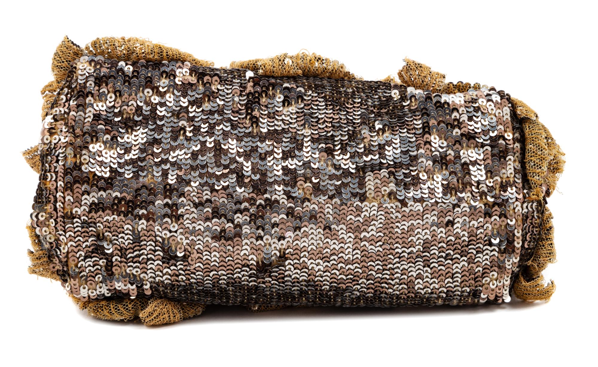 A Valentino Taupe Rosette and Sequin Evening Bag, 4.5" H x 8" W x 4.75" D; Strap drop: 5.5".
