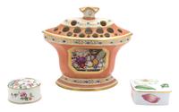 A Group of Three Porcelain Articles Height of pot 8 1/2 x width 9 x depth 3 inches. — 20TH CENTURY