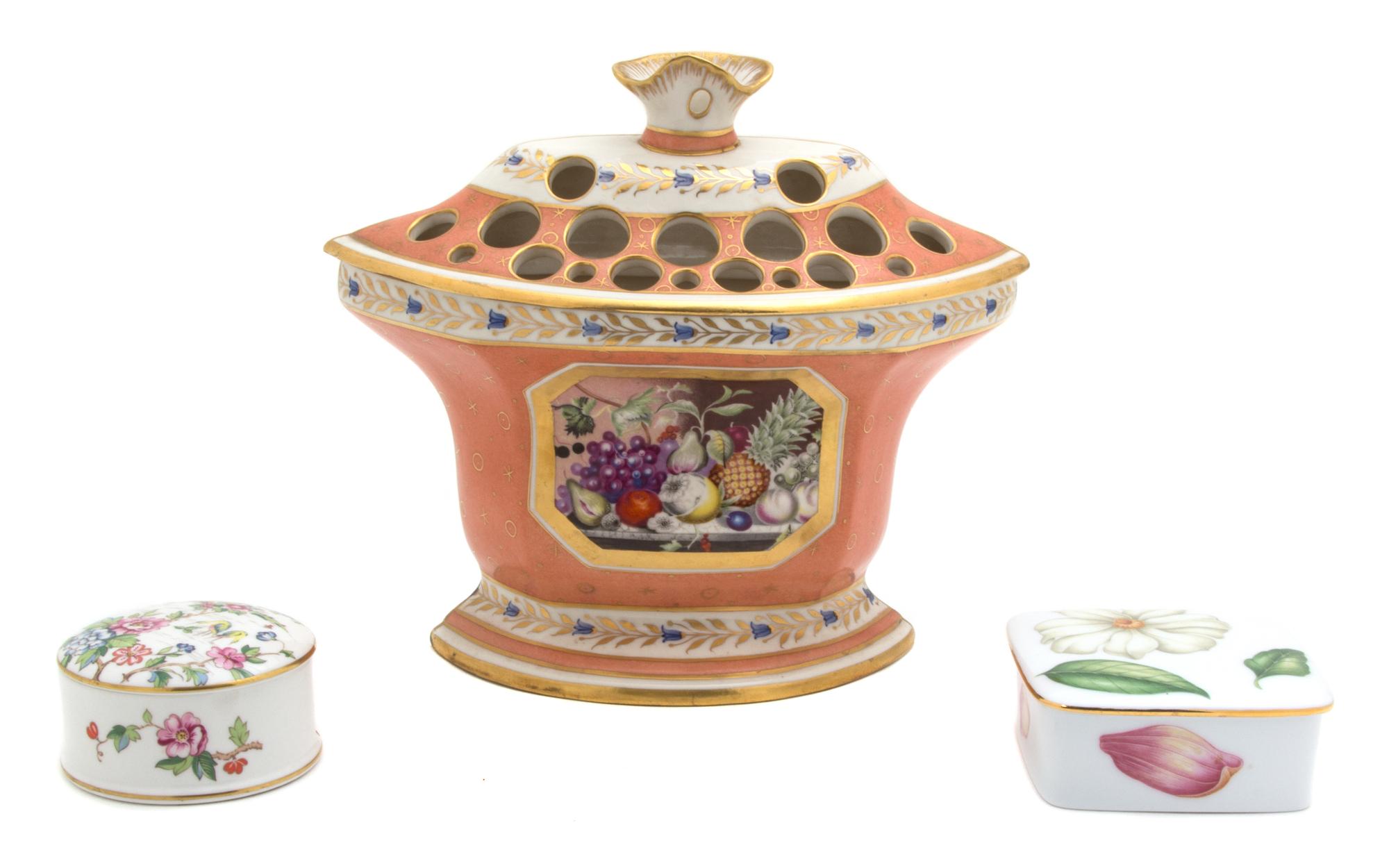A Group of Three Porcelain Articles Height of pot 8 1/2 x width 9 x depth 3 inches. — 20TH CENTURY