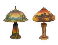 Two Gilt Metal Table Lamps with Reverse Painted Glass Shades